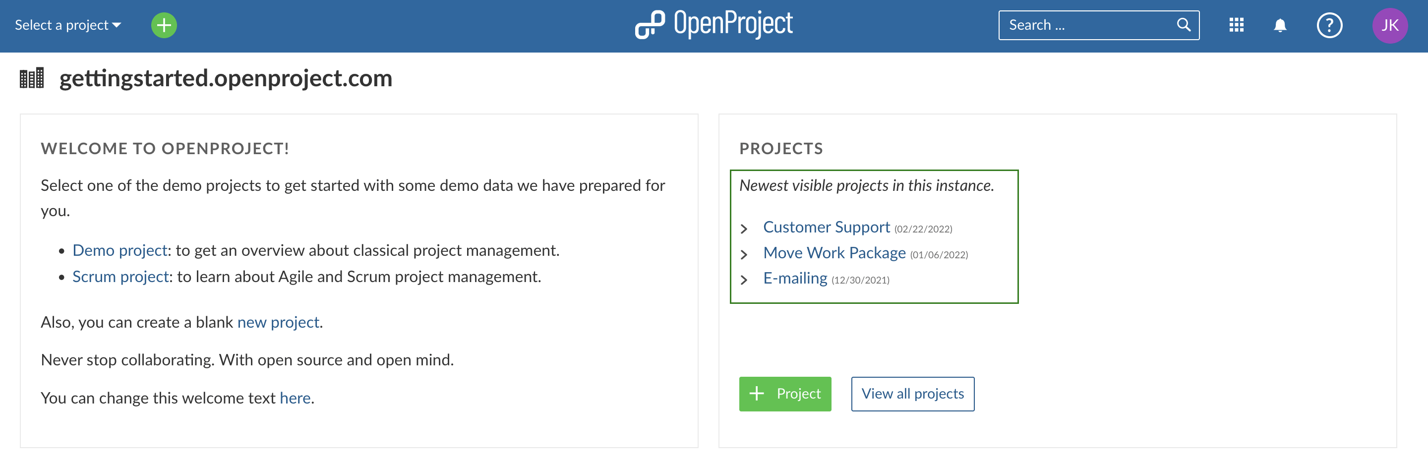 OpenProject Landingpage