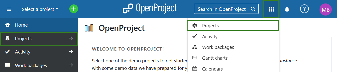 Open a list of all existing projects in OpenProject