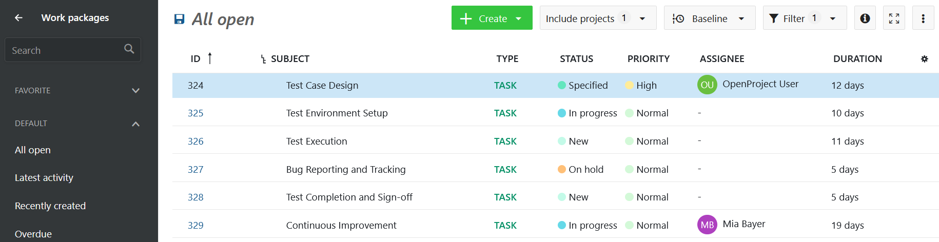 Vista de la tabla de paquetes de trabajo en OpenProject