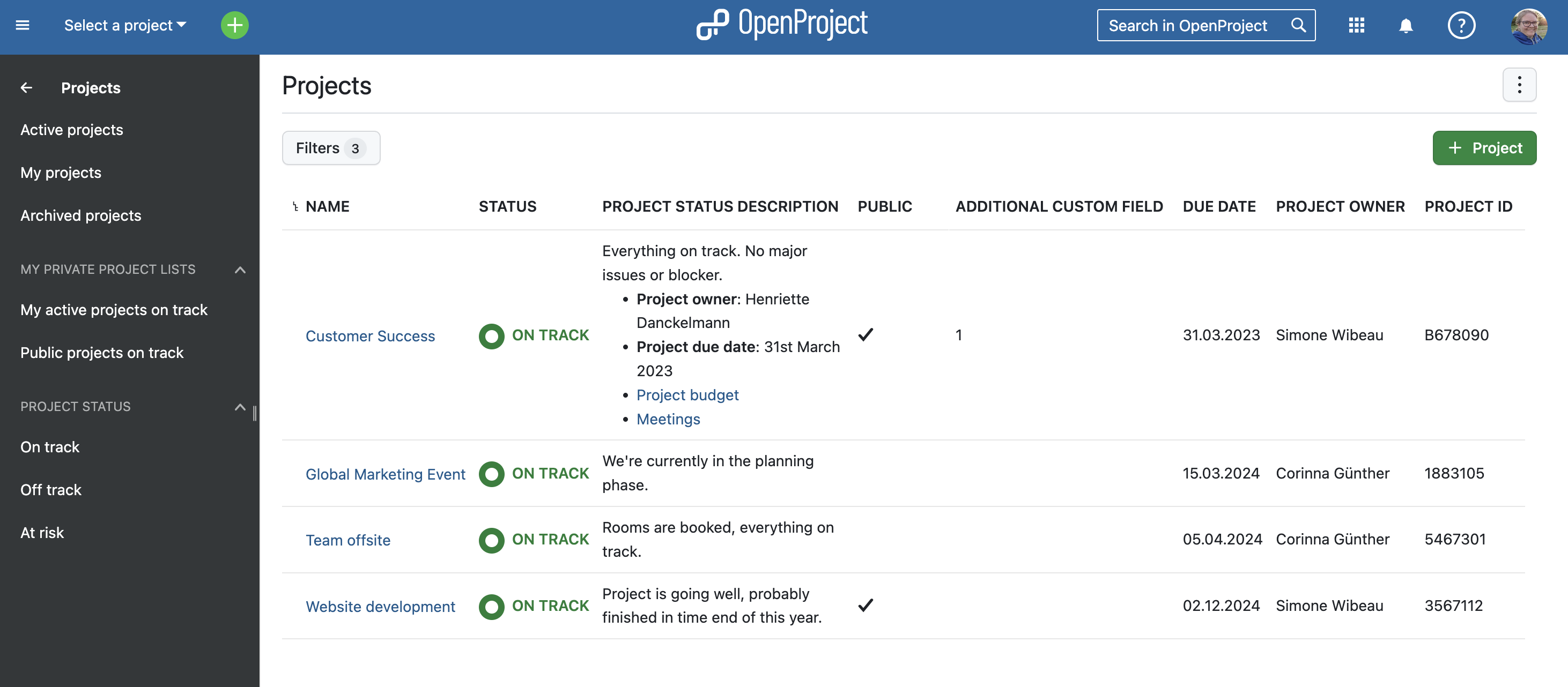mostrar campos personalizados de proyectos en la lista de proyectos