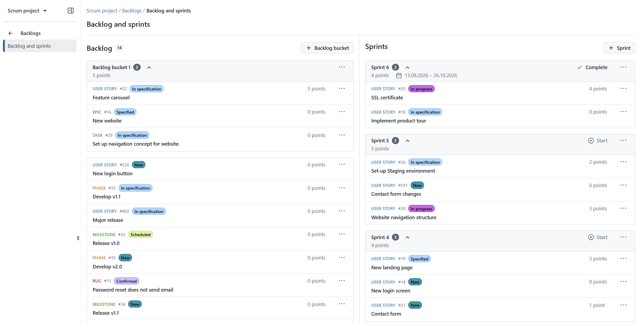OpenProject backlogs view