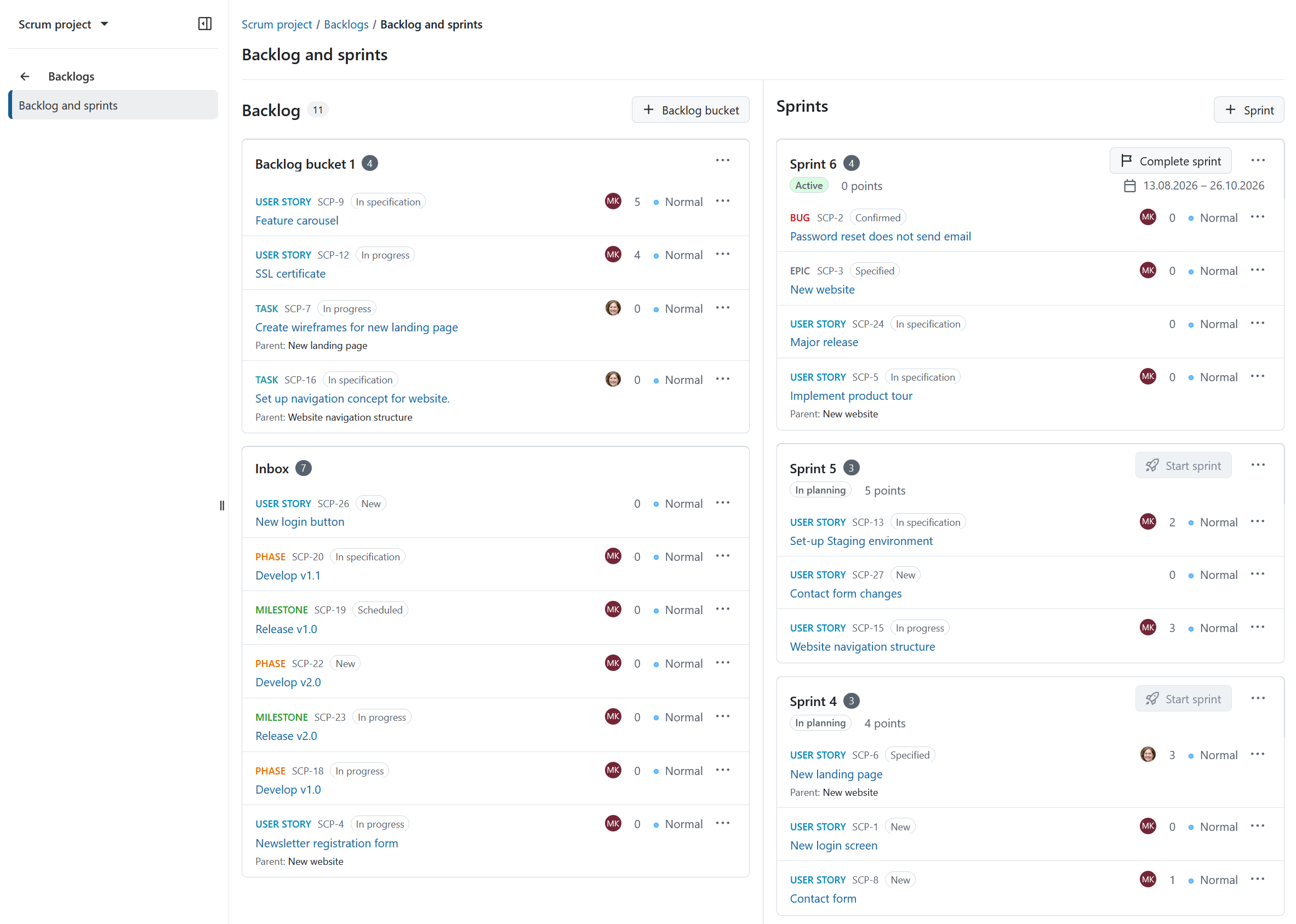 Vista de backlogs de OpenProject