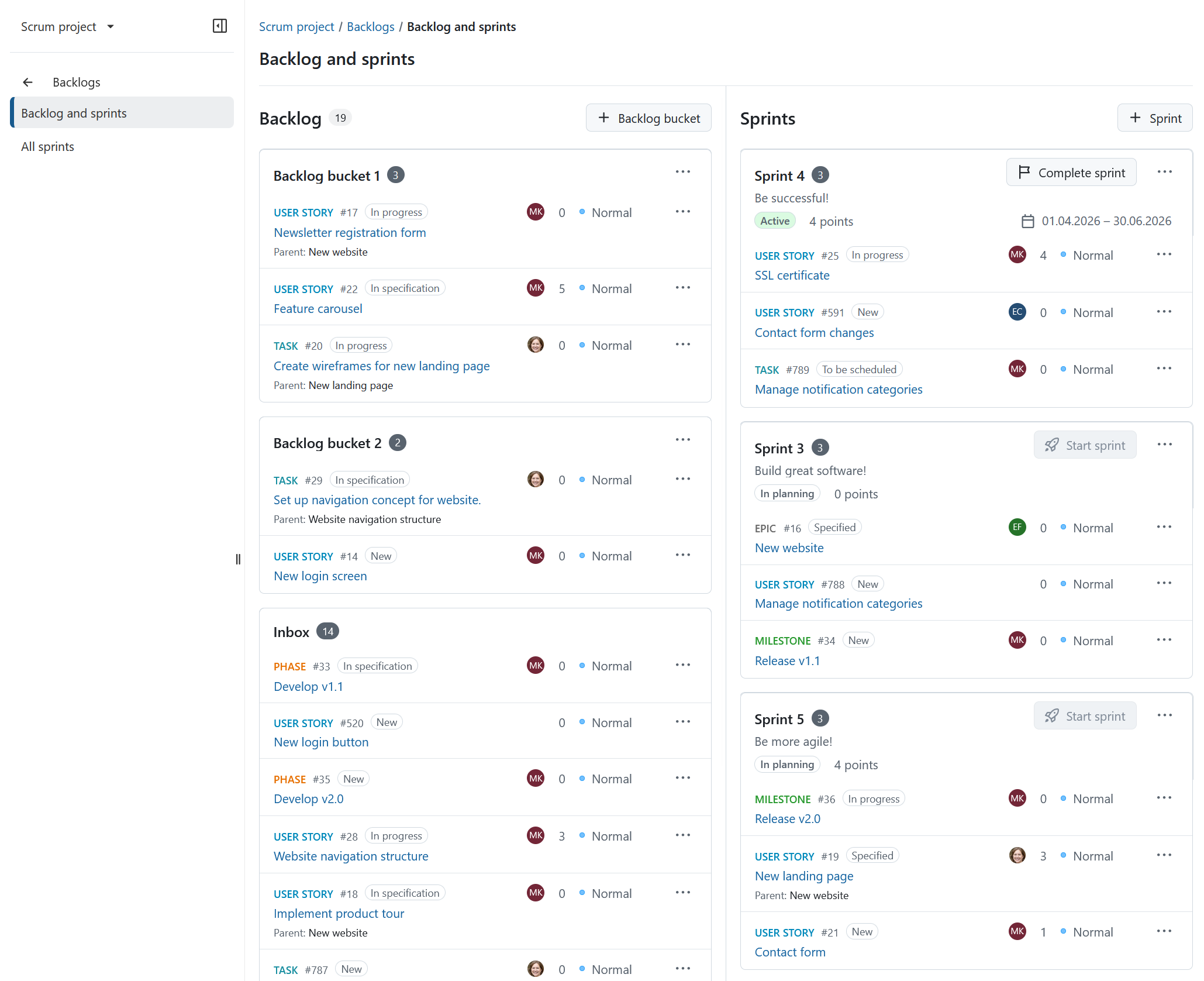 Vue des backlogs OpenProject