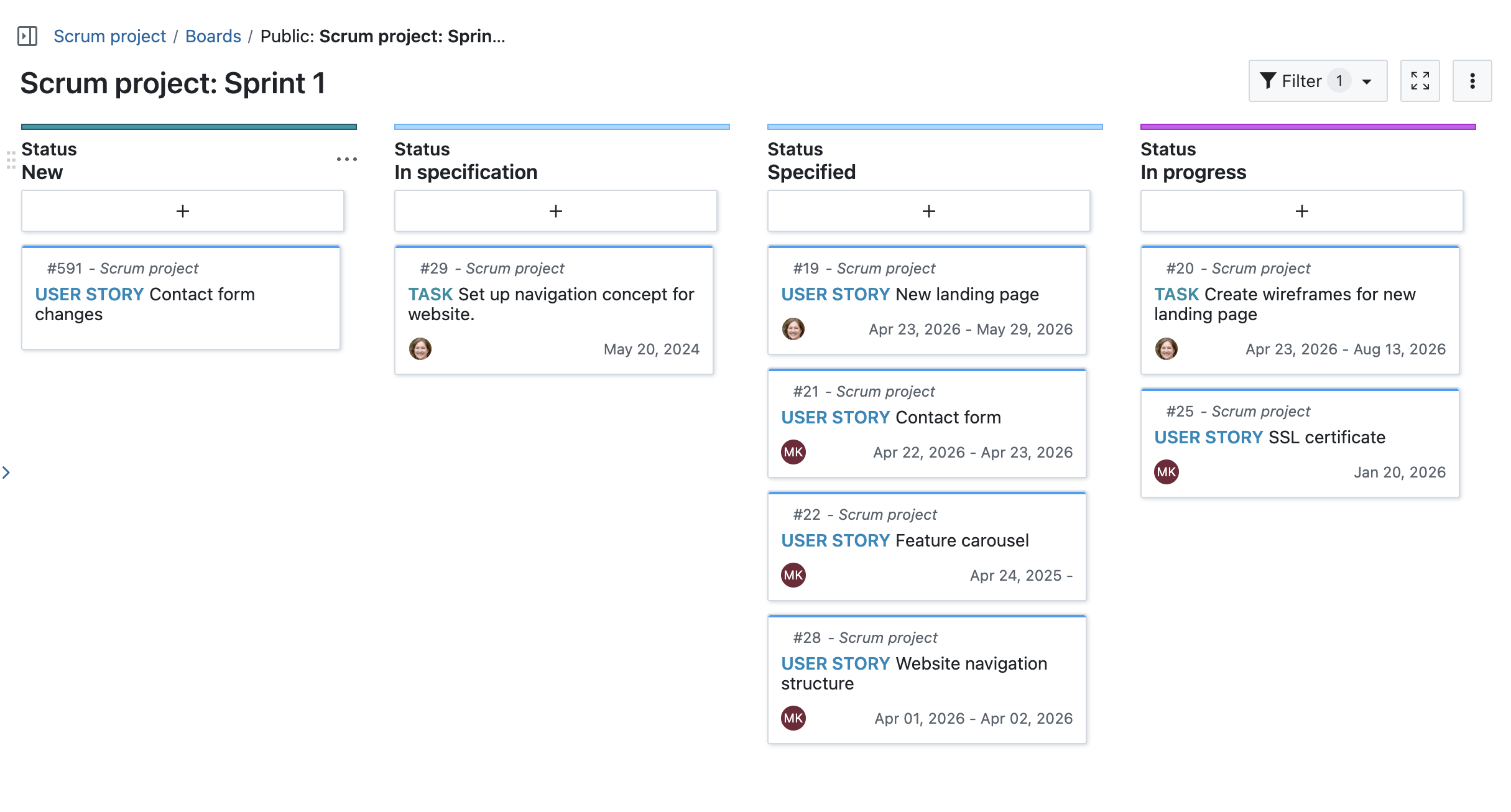 OpenProject sprint board
