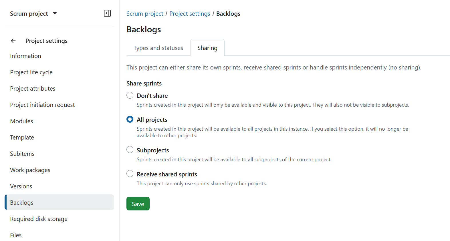 Paramètres de partage des sprints dans OpenProject