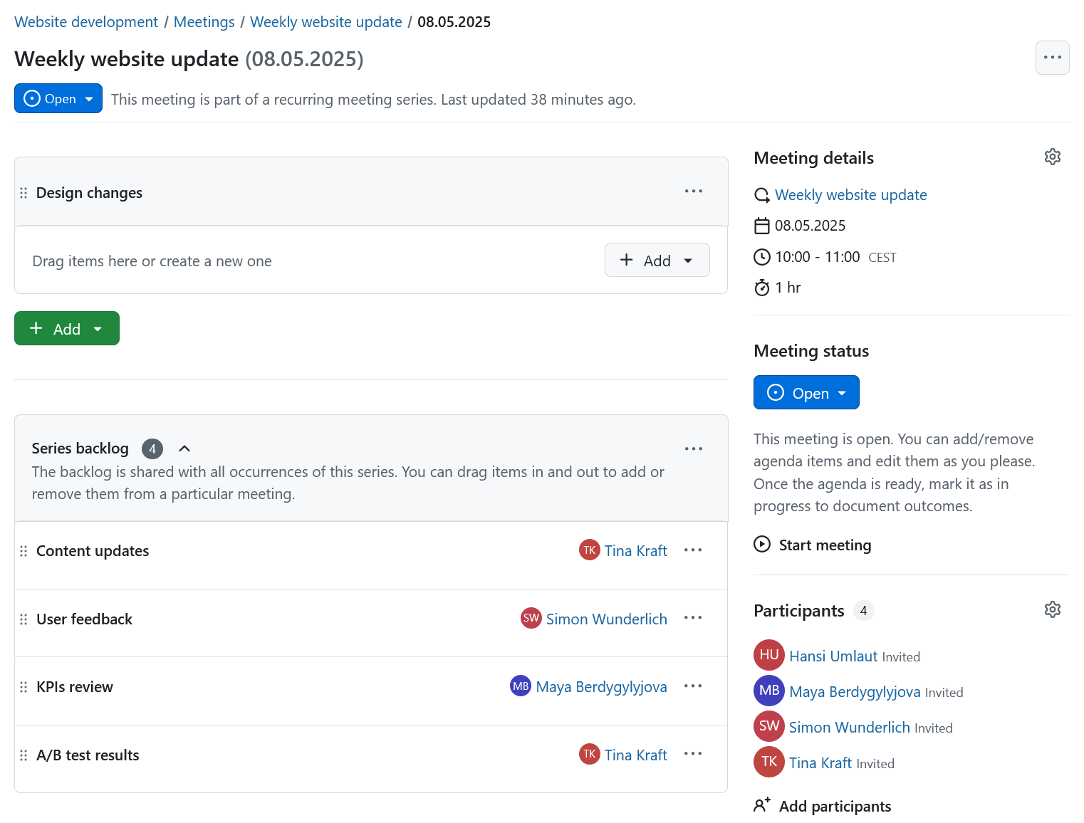 An agenda of a recurring meeting, including meetings backlog in OpenProject