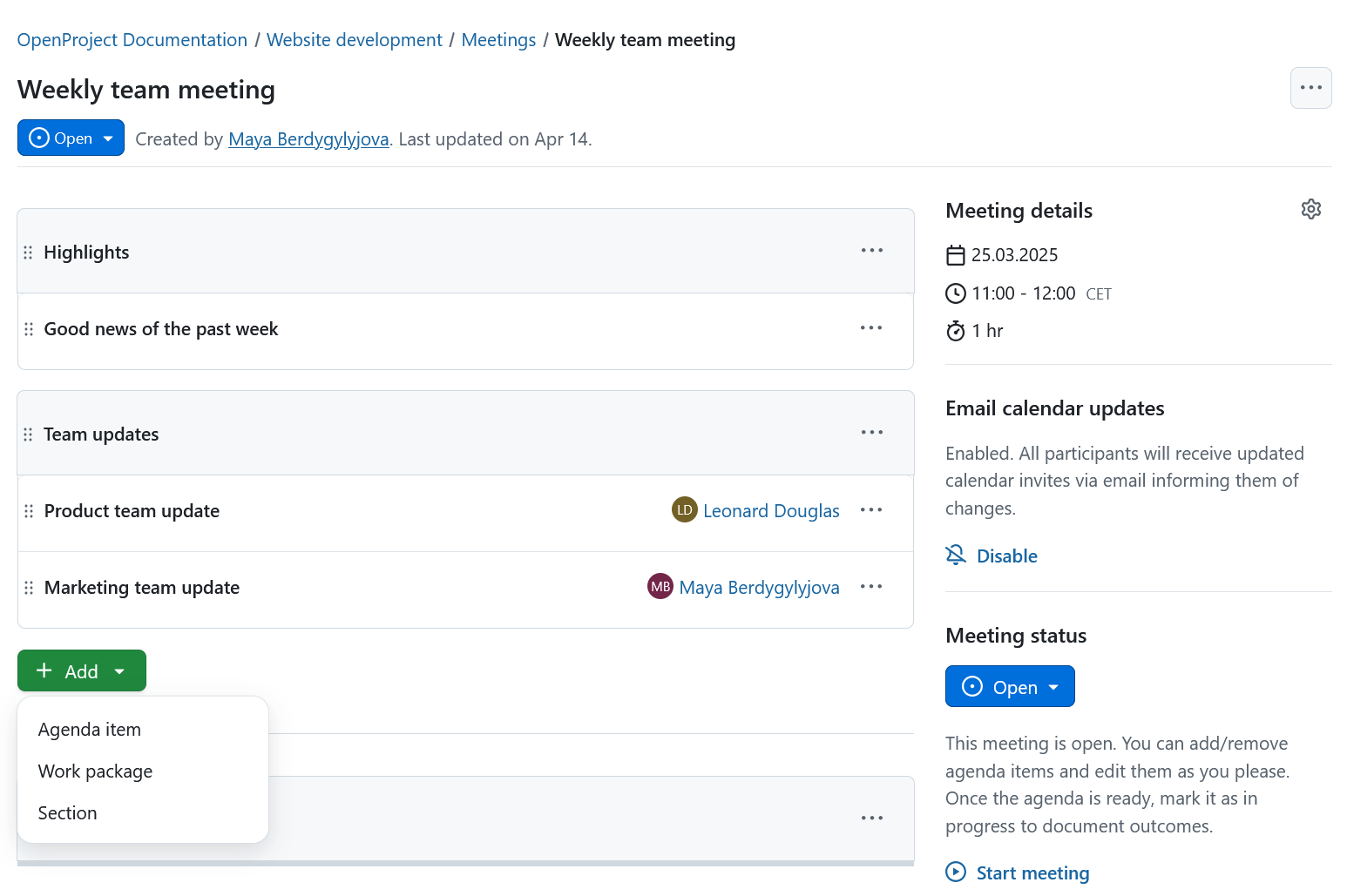 Cómo crear órdenes del día de reuniones estructurados en OpenProject