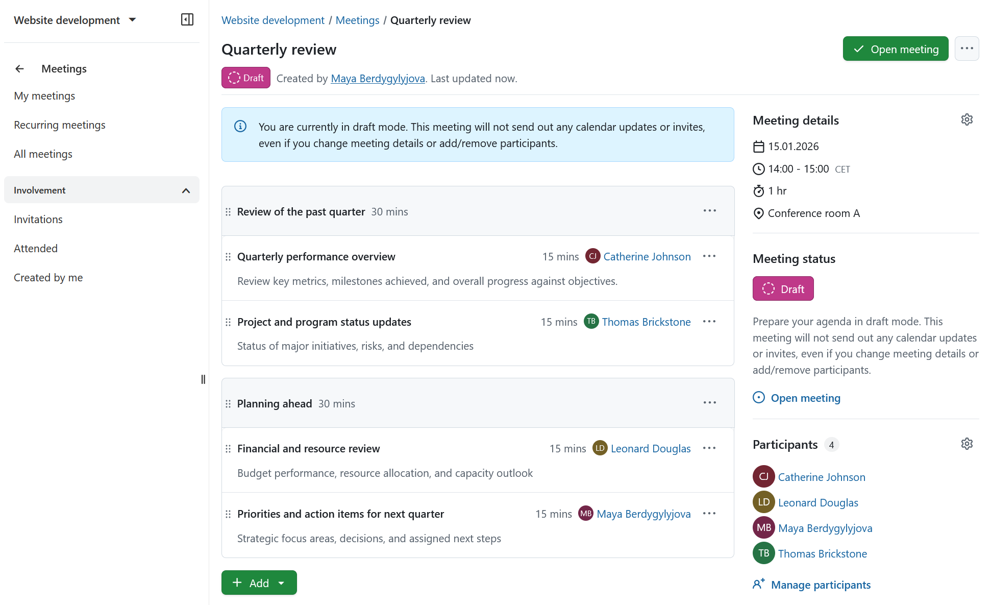 Entwurfsmodus in einer Besprechung in OpenProject