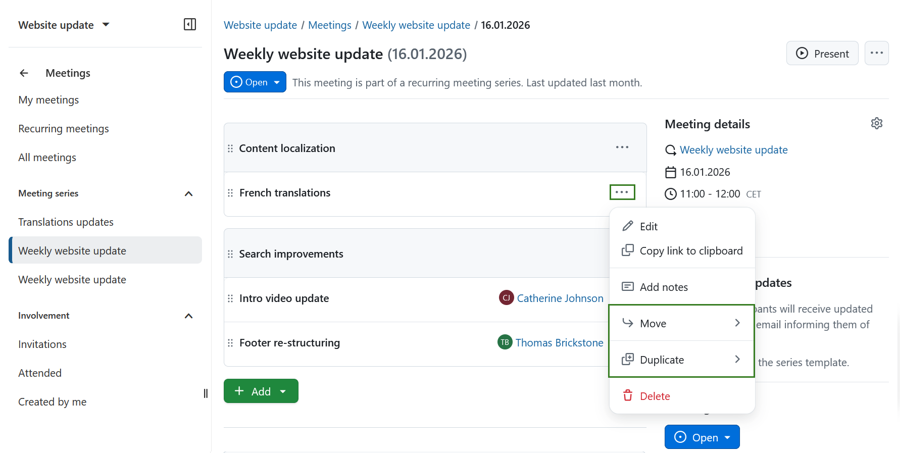 Ein Dropdown-Menü zum Verschieben eines Tagesordnungspunkts auf die nächste Sitzung in Terminserien in OpenProject