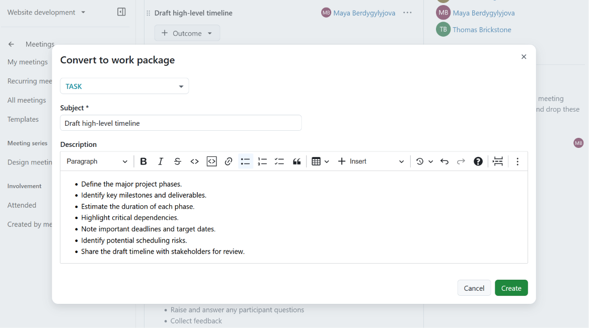 Converter os pontos da ordem de trabalhos da reunião em pacotes de trabalho no OpenProject