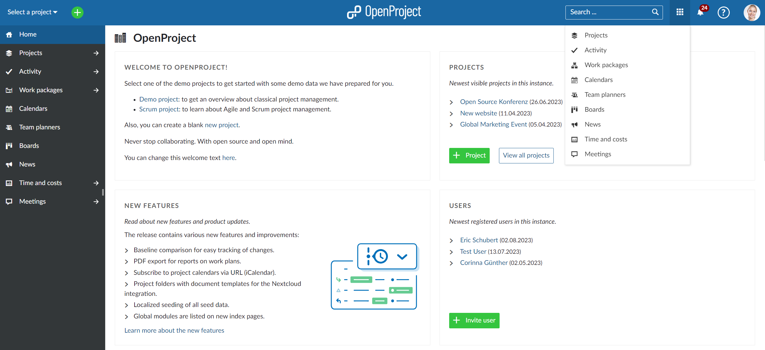 Resumen de módulos globales en OpenProject