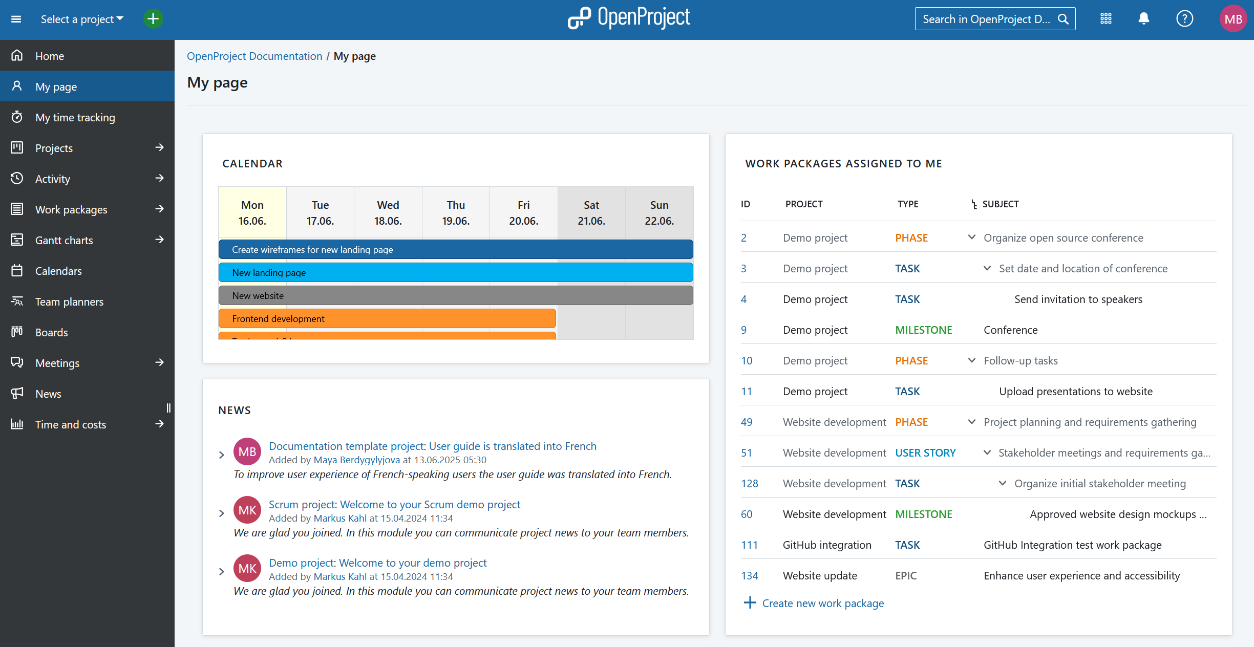 My page module in OpenProject, showing calendar, news and work packages widgets