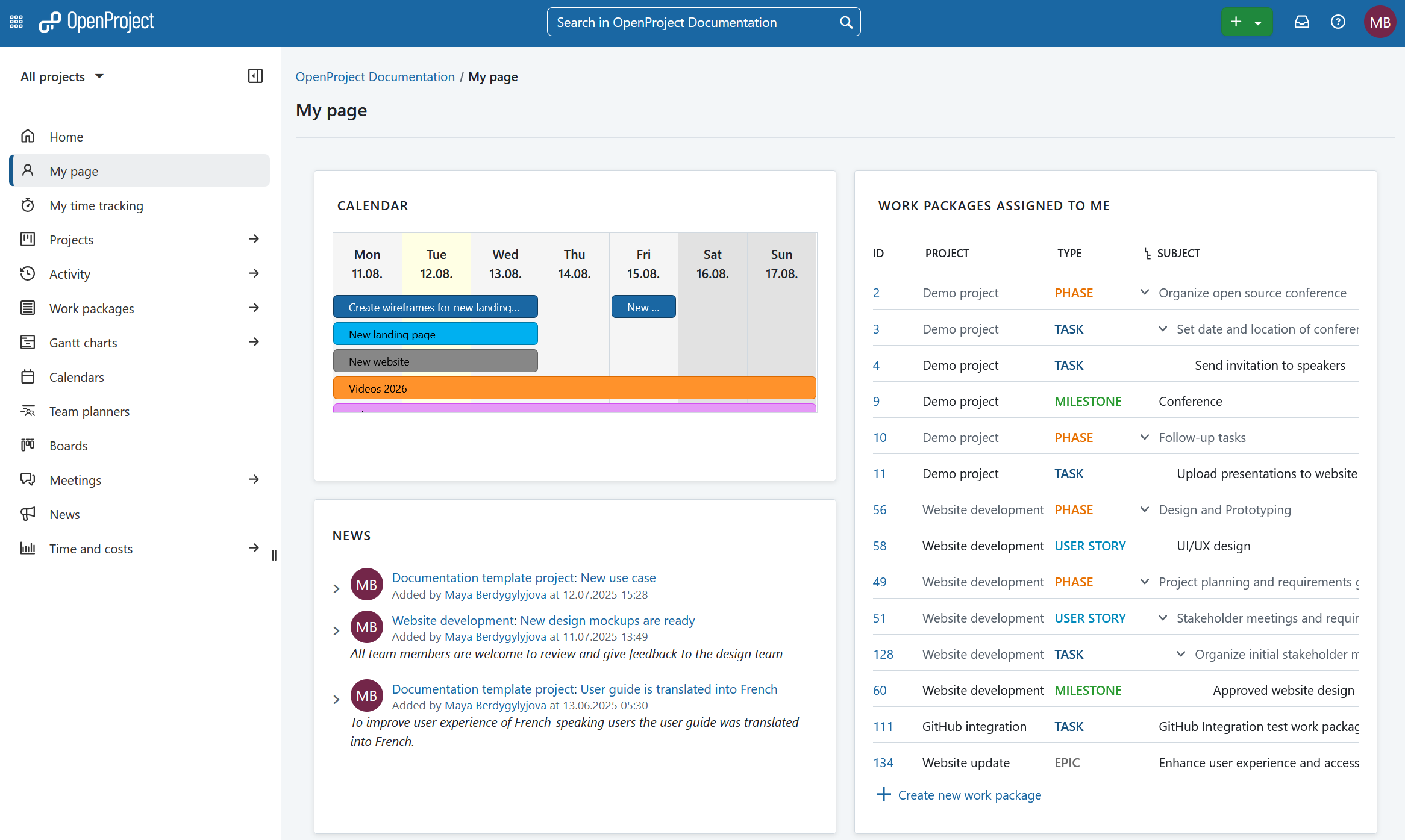 Mi módulo de página en OpenProject, que muestra widgets de calendario, noticias y paquetes de trabajo
