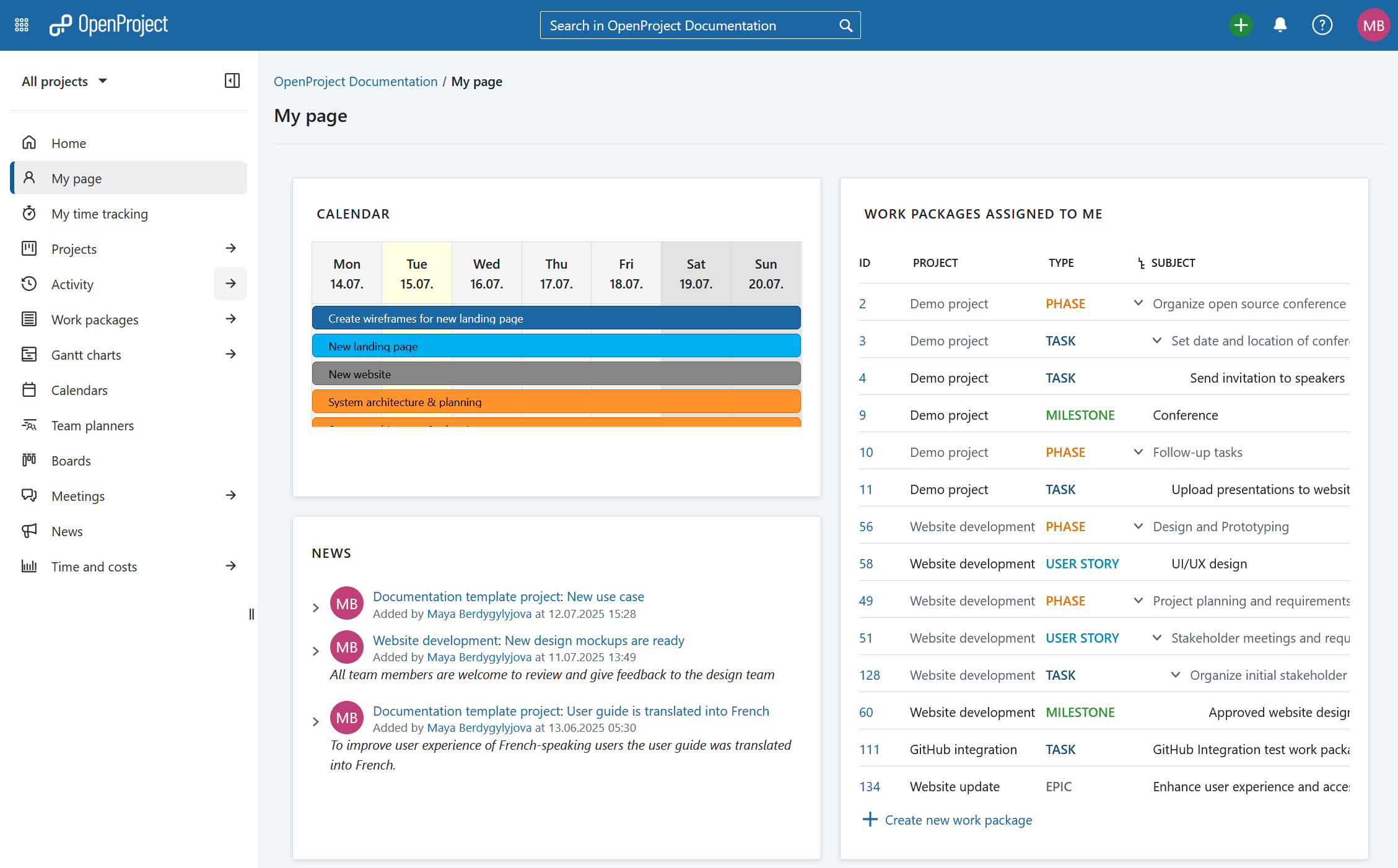 My page module in OpenProject, showing calendar, news and work packages widgets