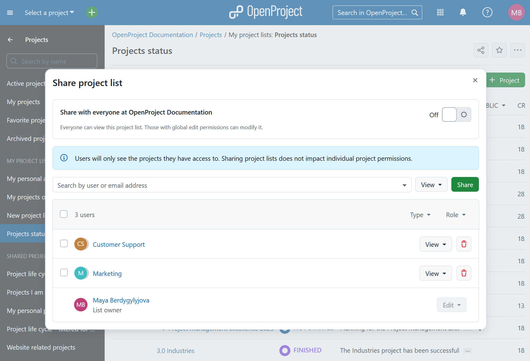A modal allowing to share a project list with users or groups in OpenProject