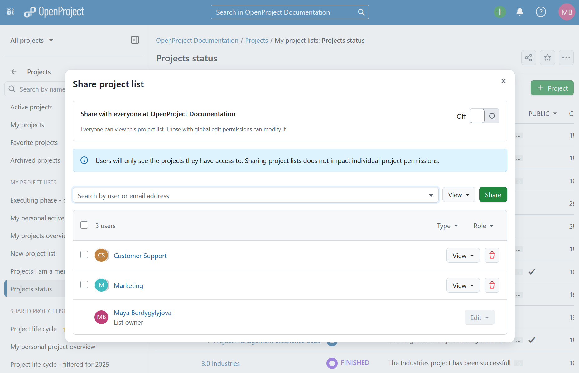 A modal allowing to share a project list with users or groups in OpenProject