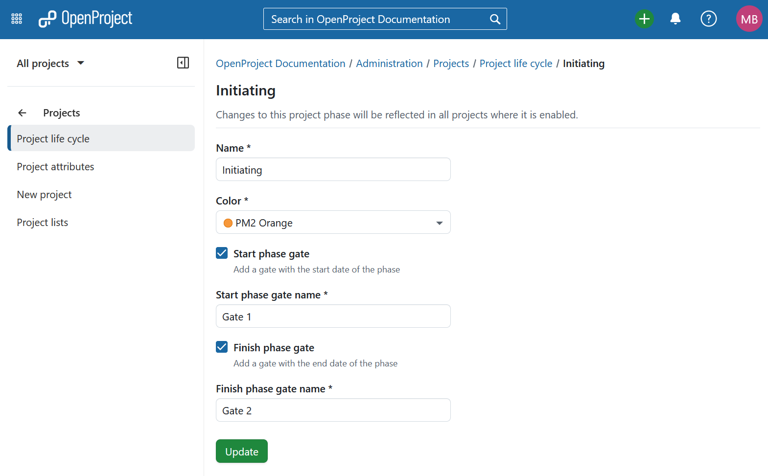 Customize project phases and phase gates in OpenProject administration