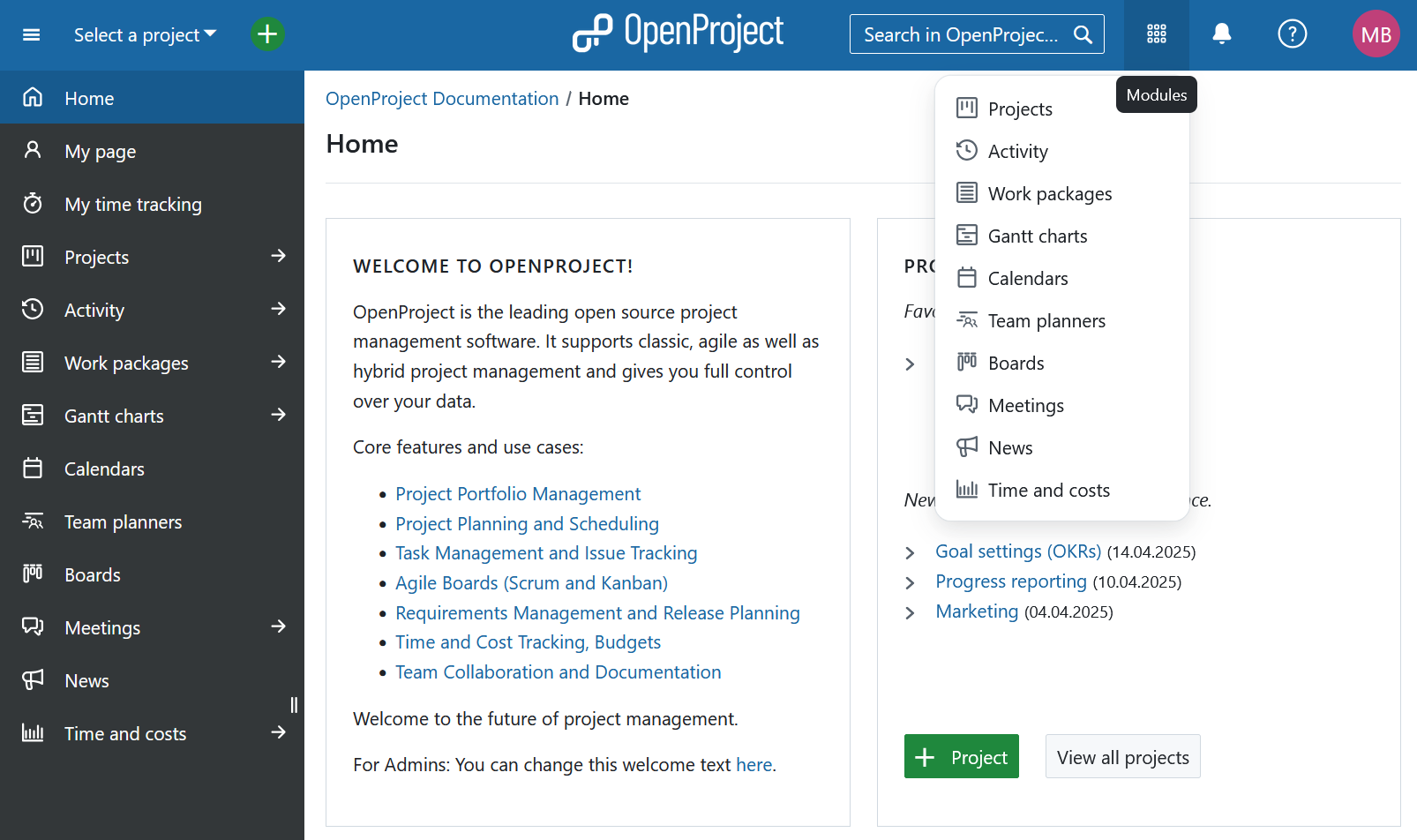 Síntese dos módulos globais no OpenProject