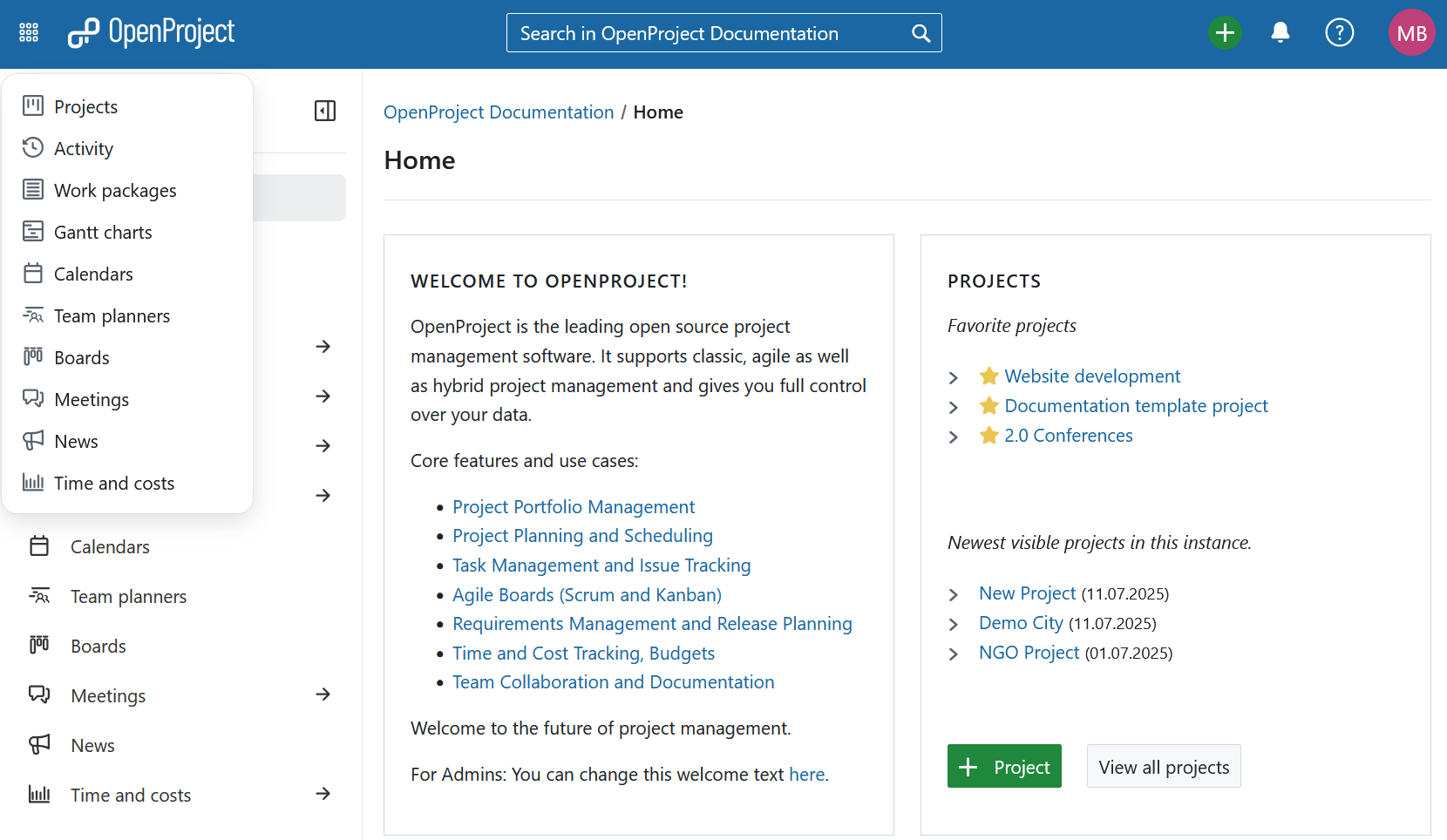 Global modules overview in OpenProject