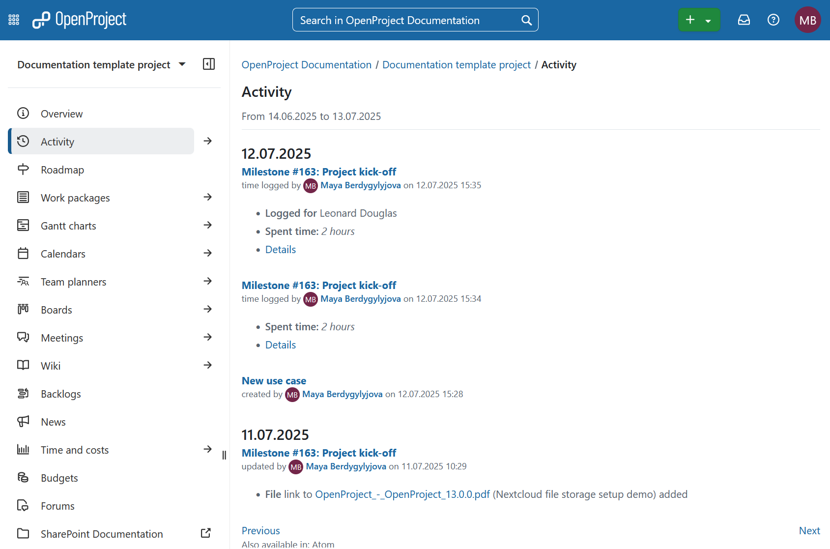 Cambios en el proyecto mostrados en una página de actividad del proyecto en OpenProject