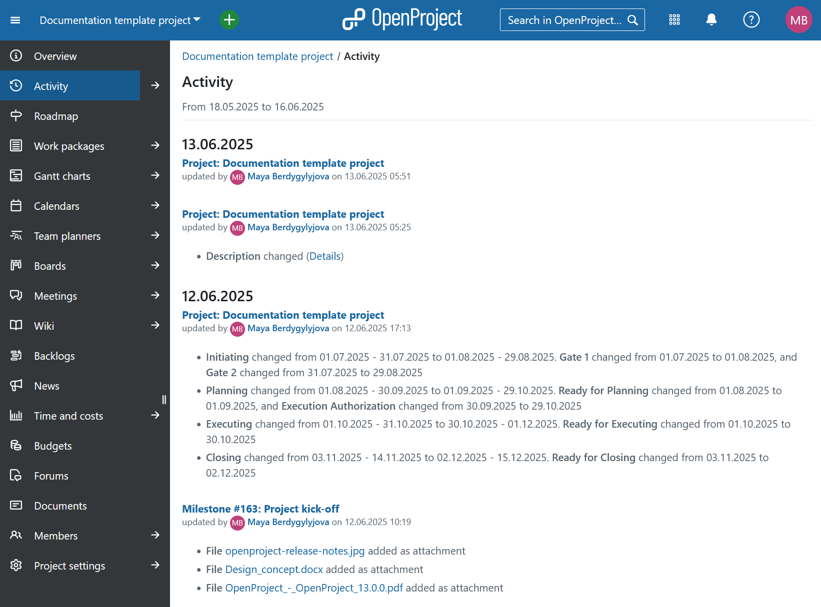 Project changes shown on a project activity page in OpenProject