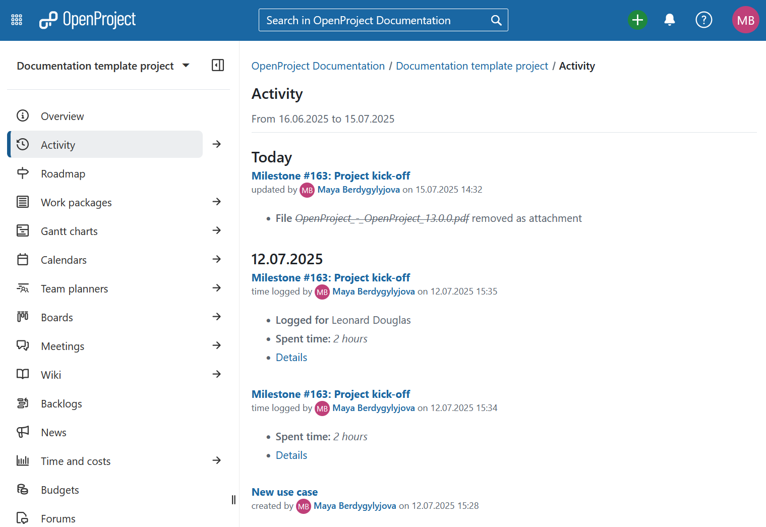 Project changes shown on a project activity page in OpenProject