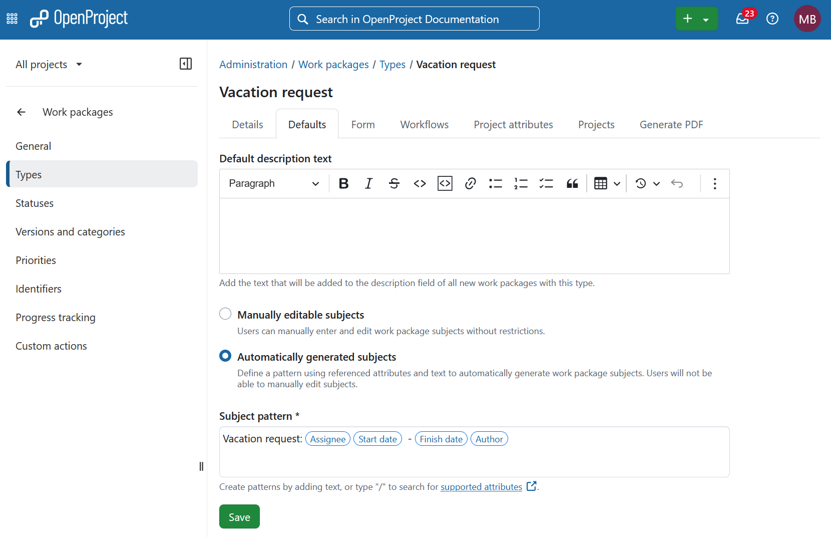 Settings for automatic work package subject generation in OpenProject