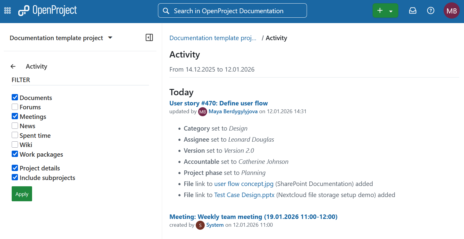 OpenProject Aktivität Beispiel
