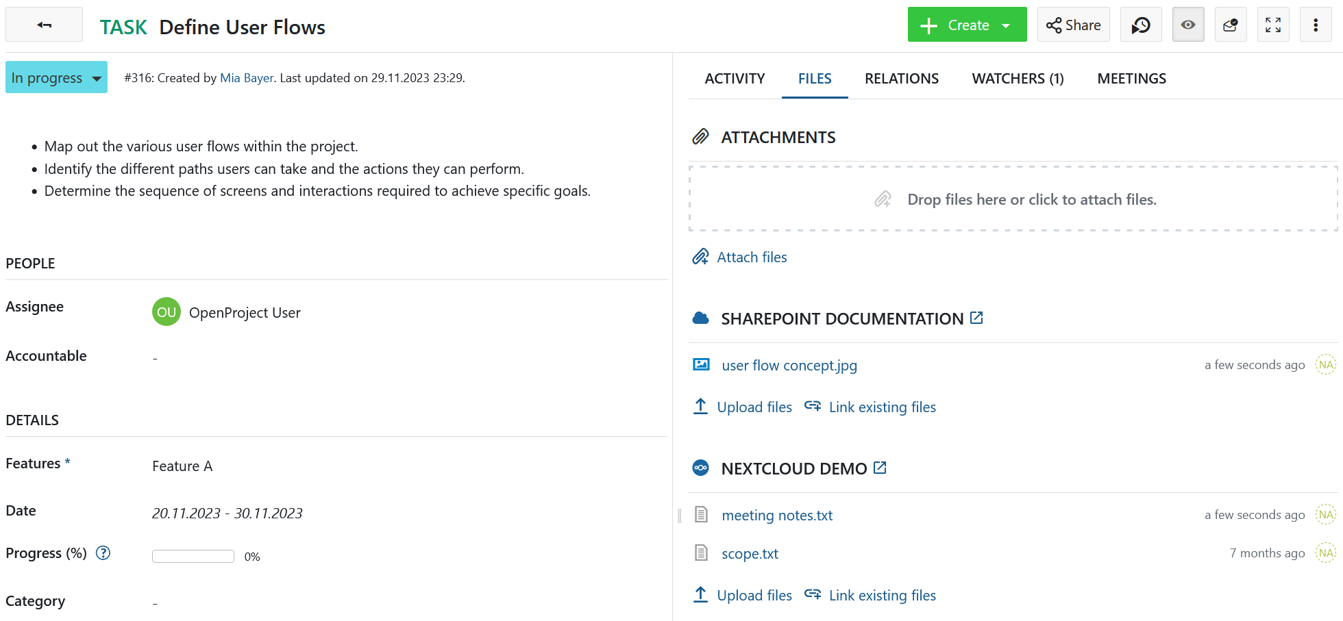 Integraciones de OpenProject Nextcloud y OneDrive/SharePoint