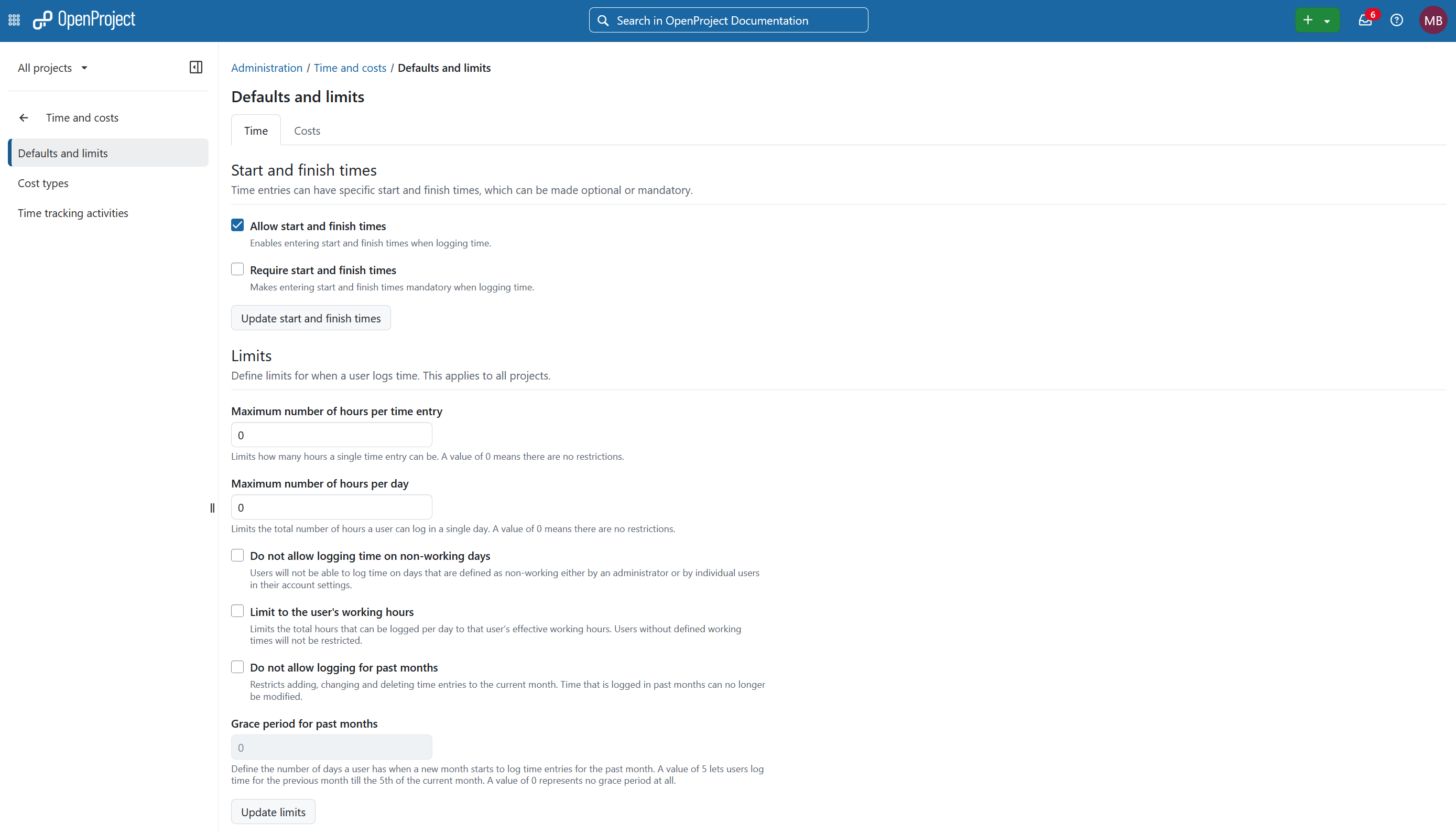 Time tracking settings in OpenProject