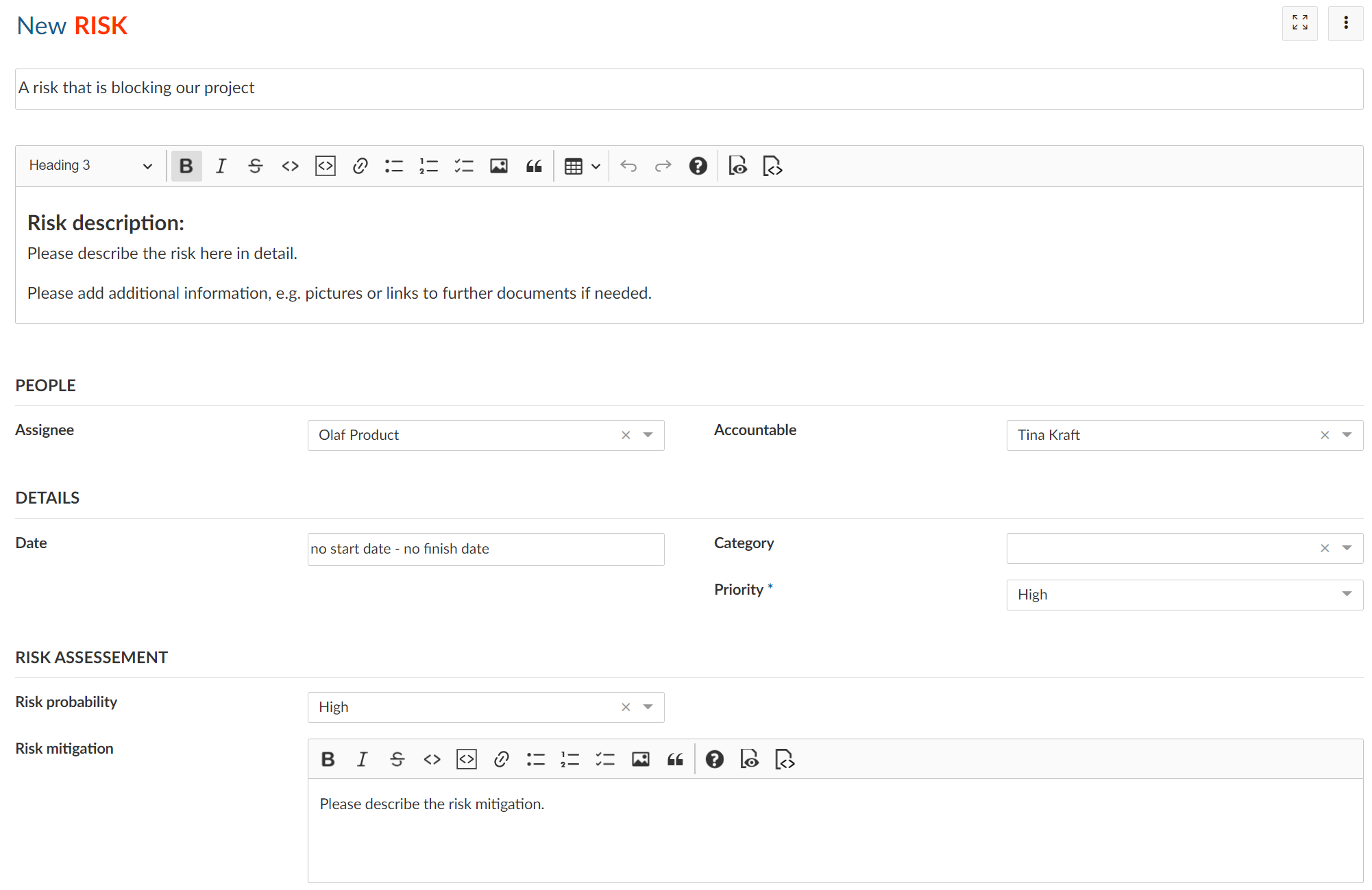 Formulario de paquetes de trabajo para riesgos con campos personalizados