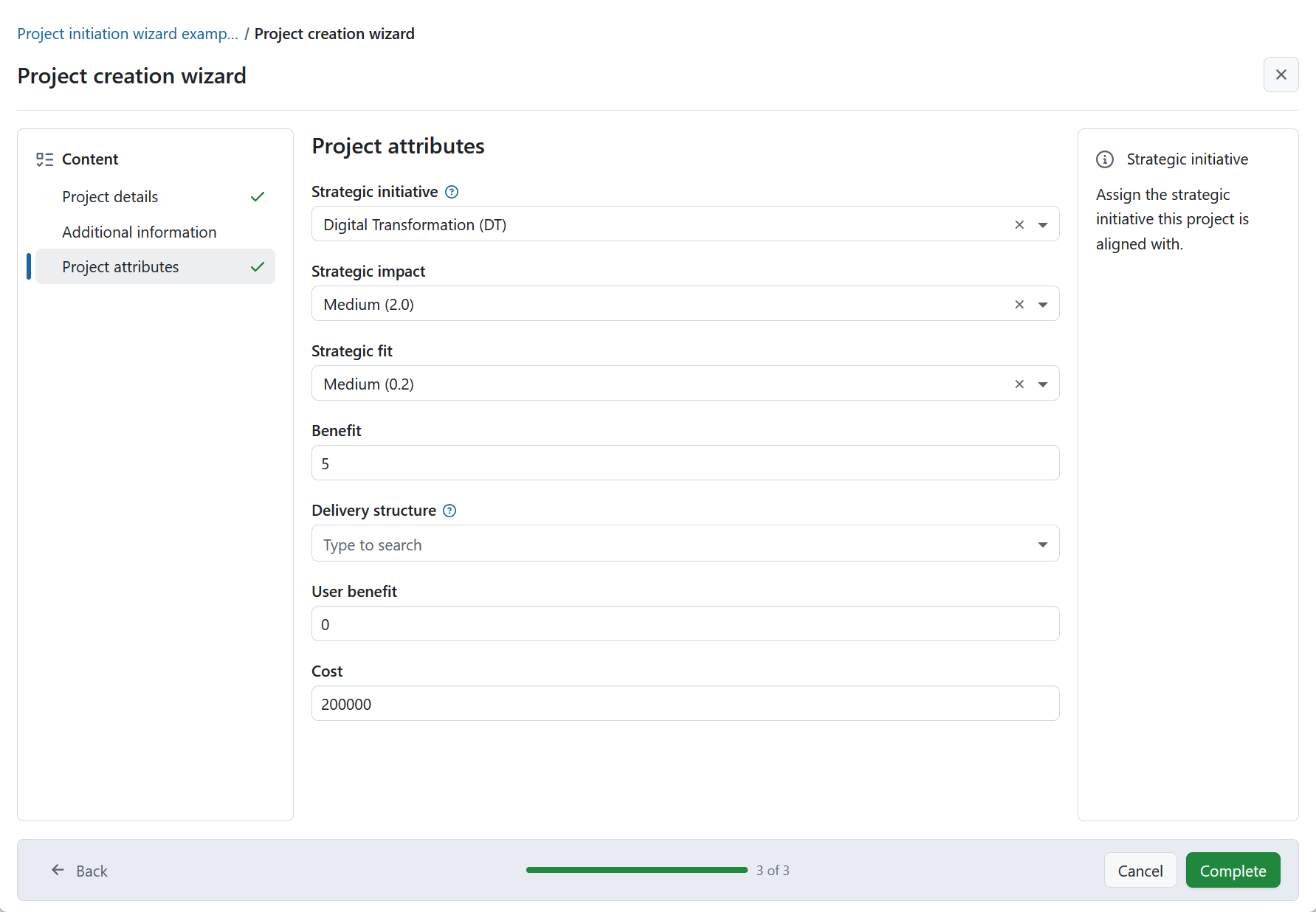 Processo de início do projeto no OpenProject, mostrando os atributos predefinidos do projeto a serem preenchidos