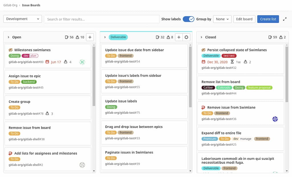 Captura de pantalla del tablón de anuncios de GitLab