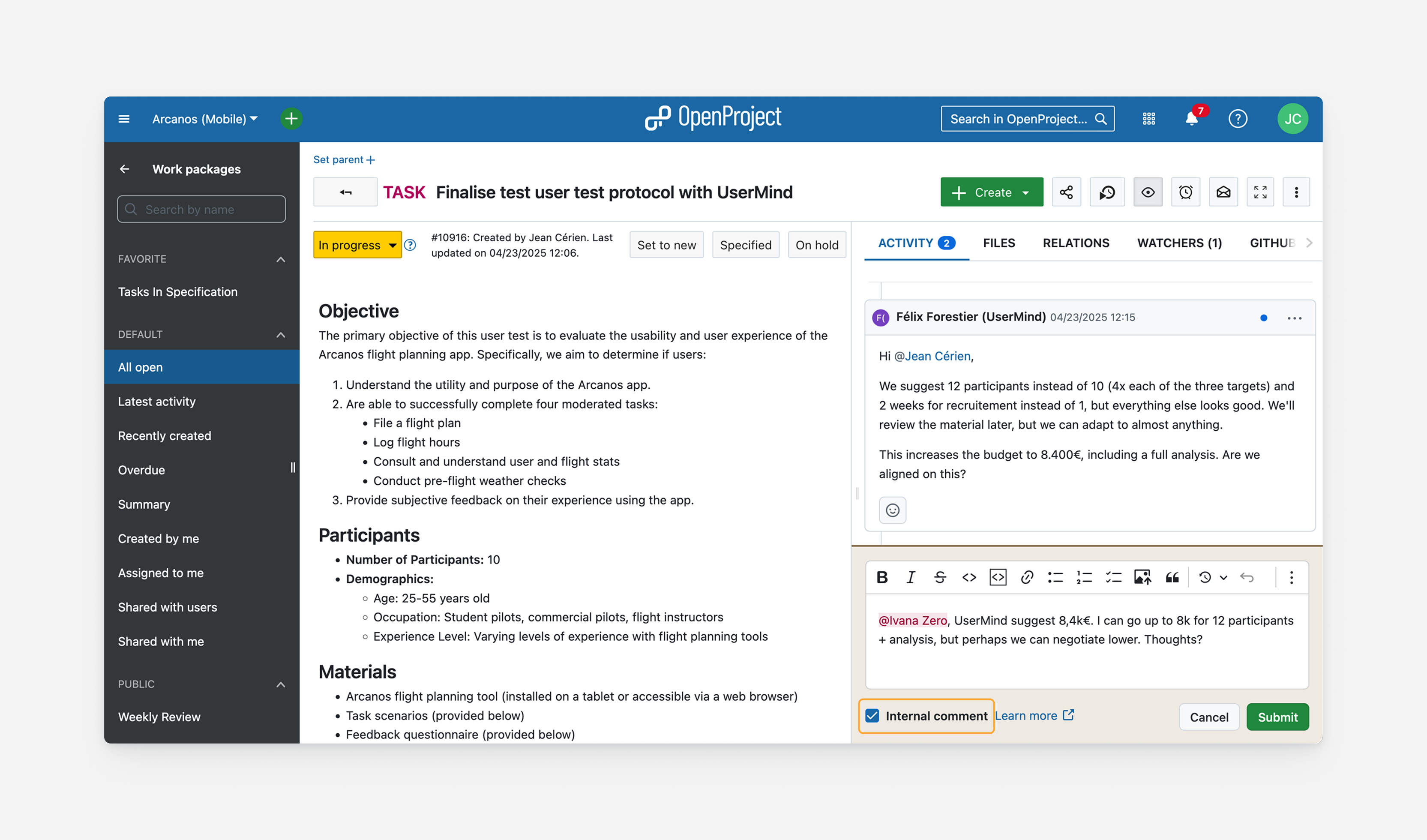 Checking ‘Internal comment’ will limit its visibility