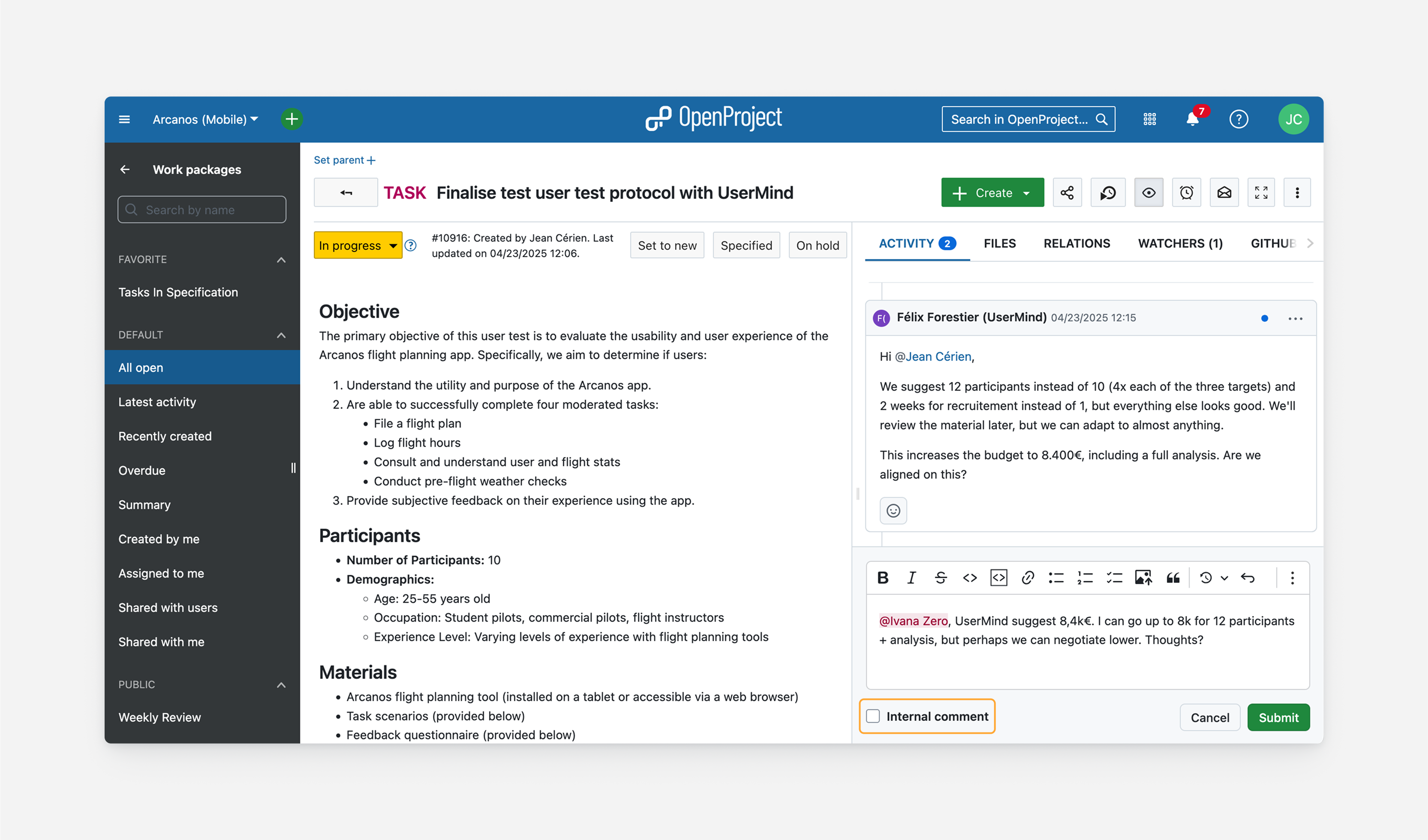 The ‘Internal comment’ checkbox below the comment box