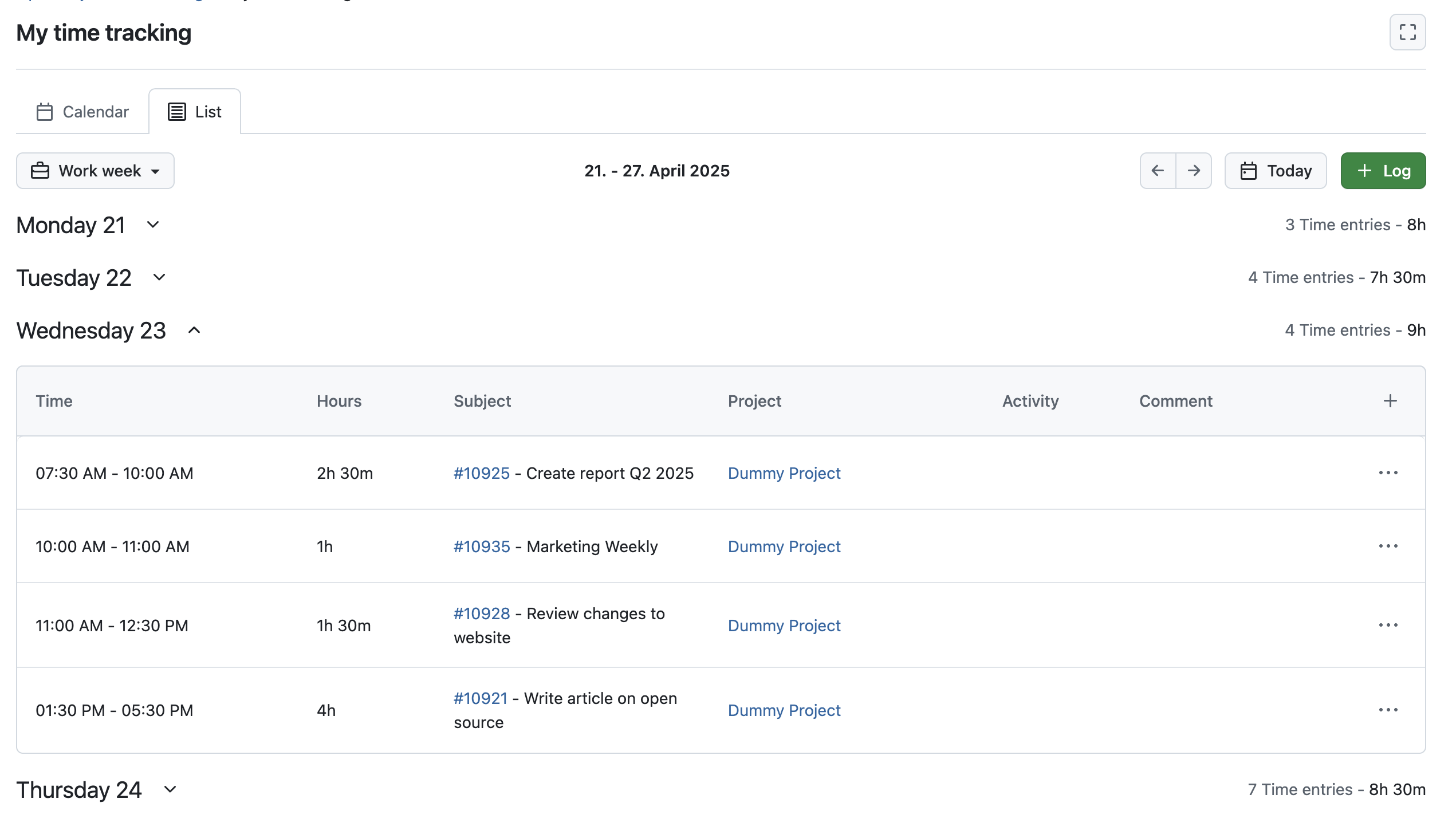 OpenProject’s My time tracking module in list view