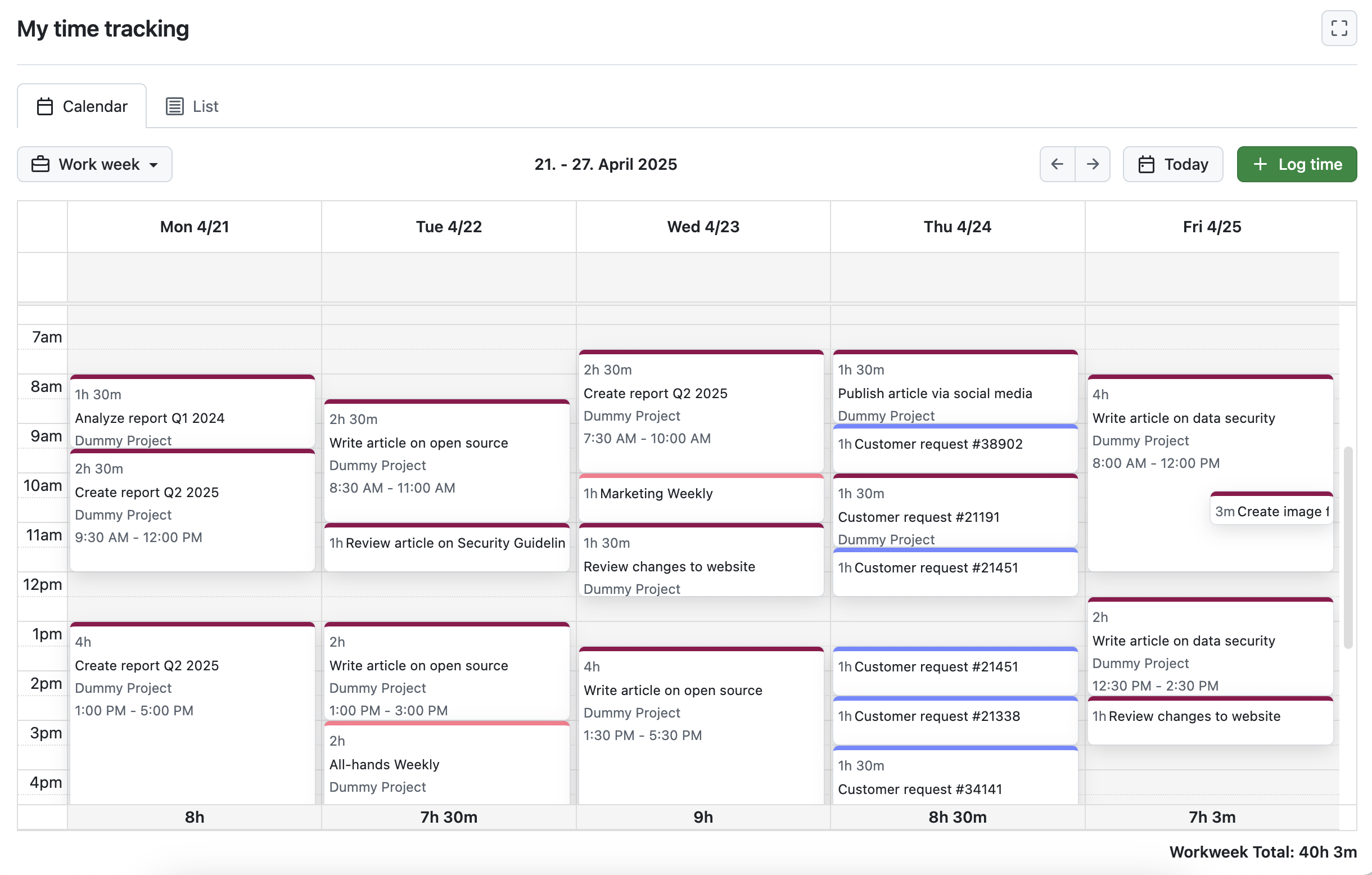 OpenProject’s My time tracking module in calendar view