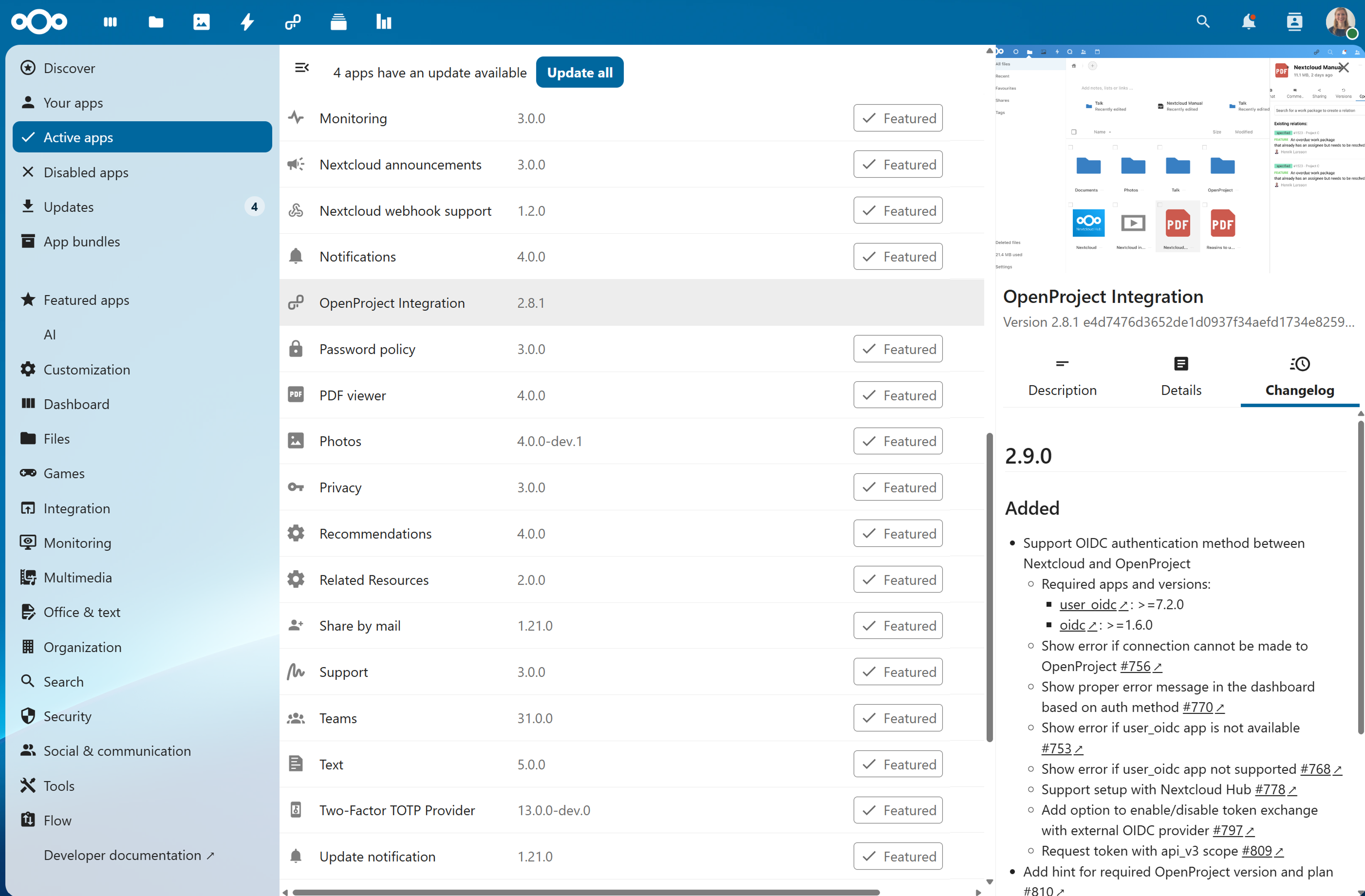 OpenProject Nextcloud integration app in version 2.9 OpenProject integration app released in version 2.9