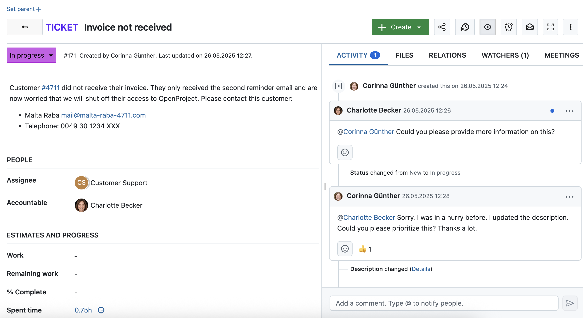 work package detail view with comments from two team members