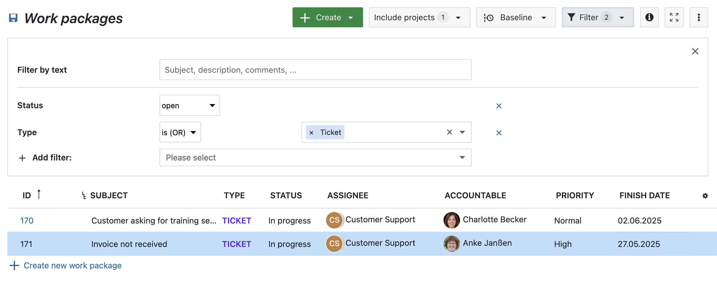 filtros para a tabela de pacotes de trabalho