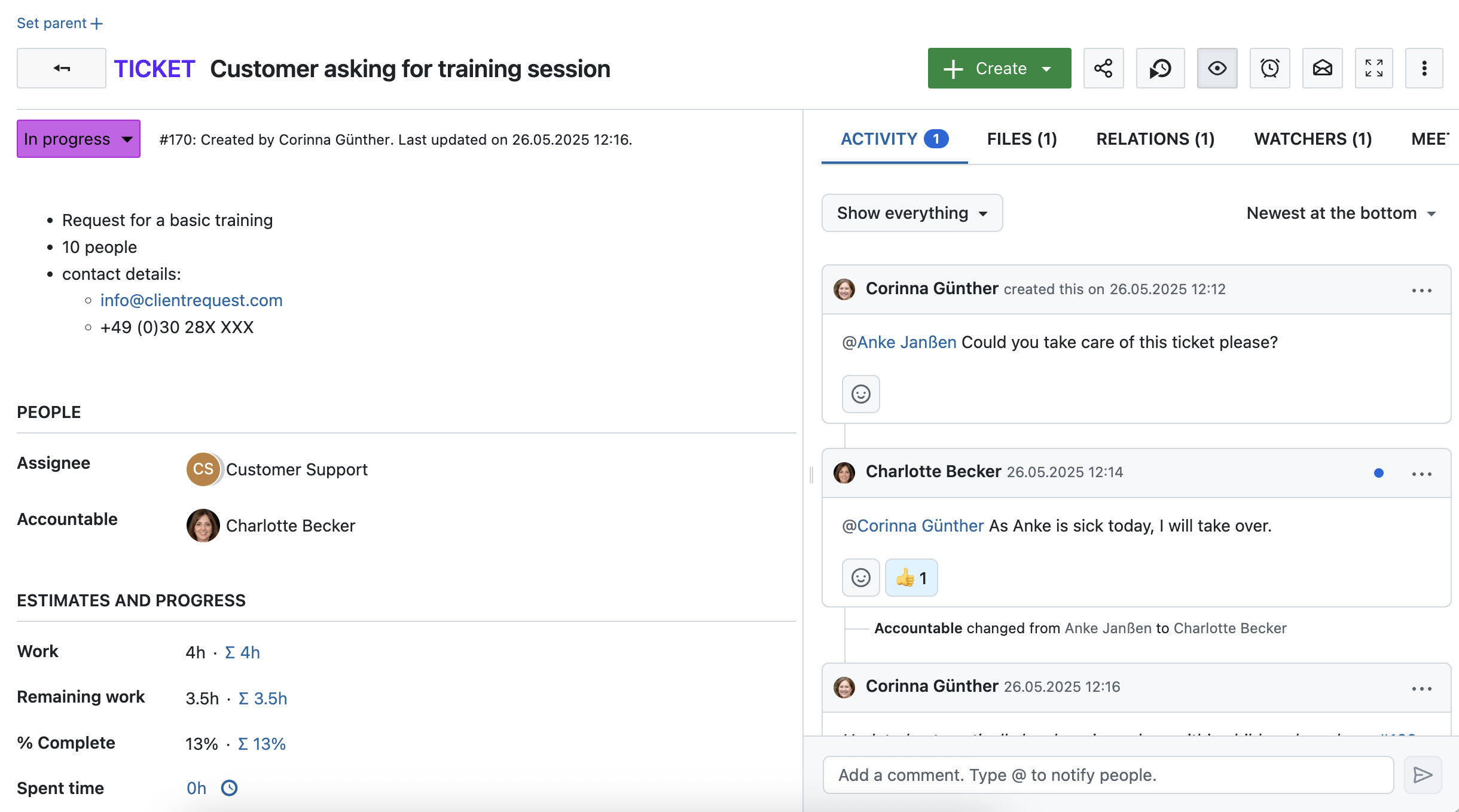 Captura de ecrã de um pacote de trabalho no OpenProject, tipo instância