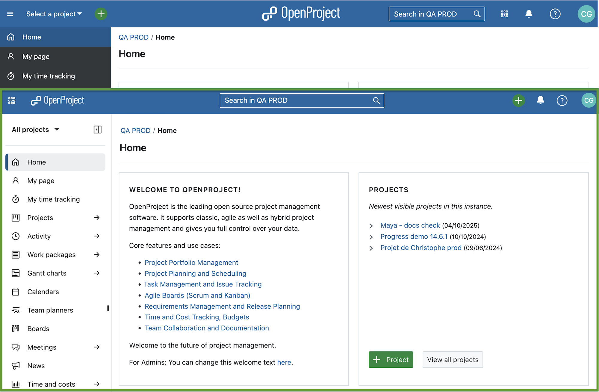 Página inicial do OpenProject em comparação: Versão 16.1 e Versão 16.2 com cabeçalho e barra lateral atualizados