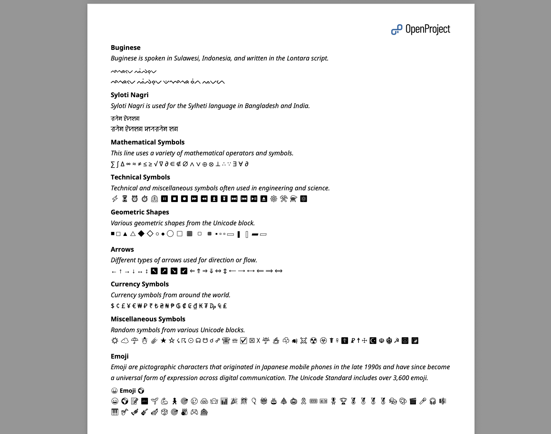 Extrato de exportação de PDF de um pacote de trabalho do OpenProject que contém emojis, símbolos e caracteres não latinos