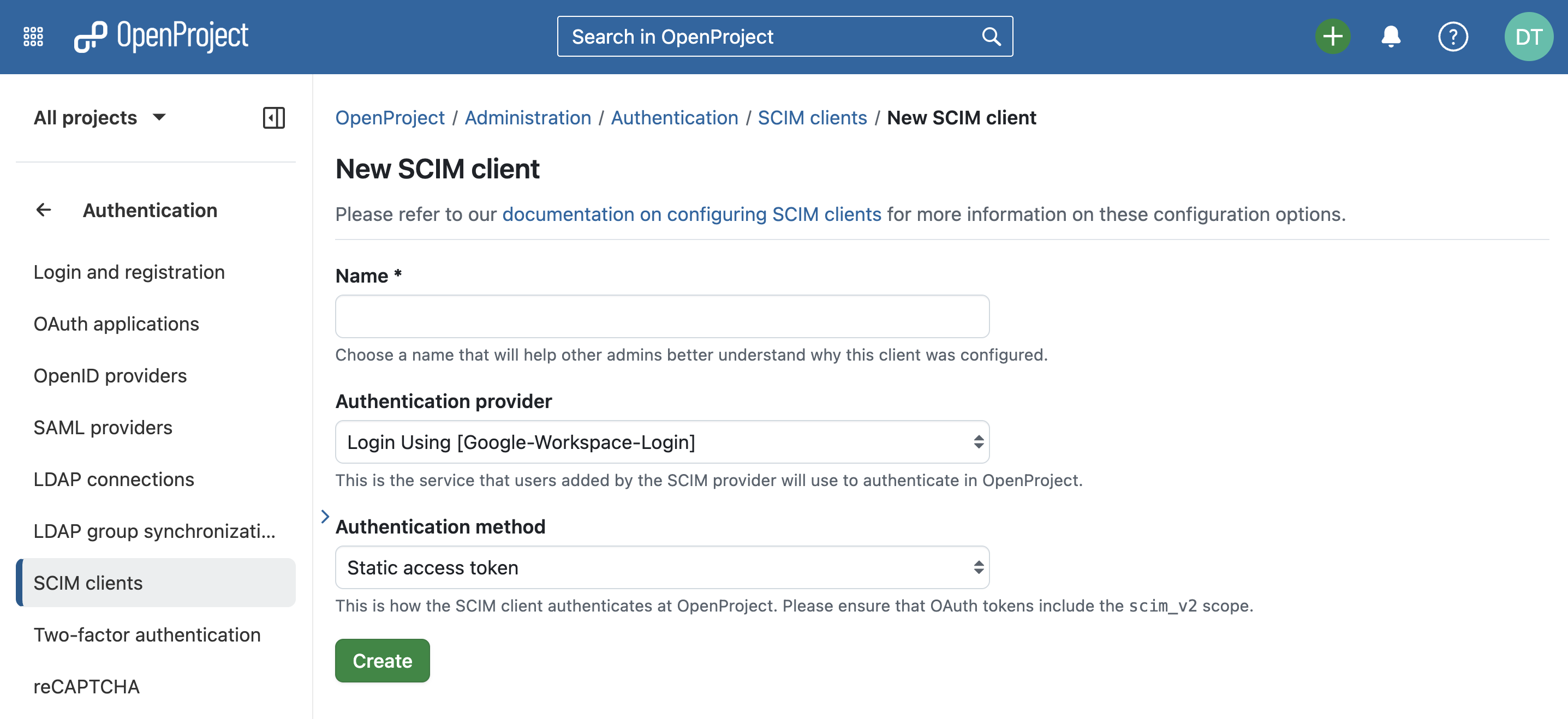 Captura de ecrã da administração do OpenProject para adicionar um novo cliente SCIM