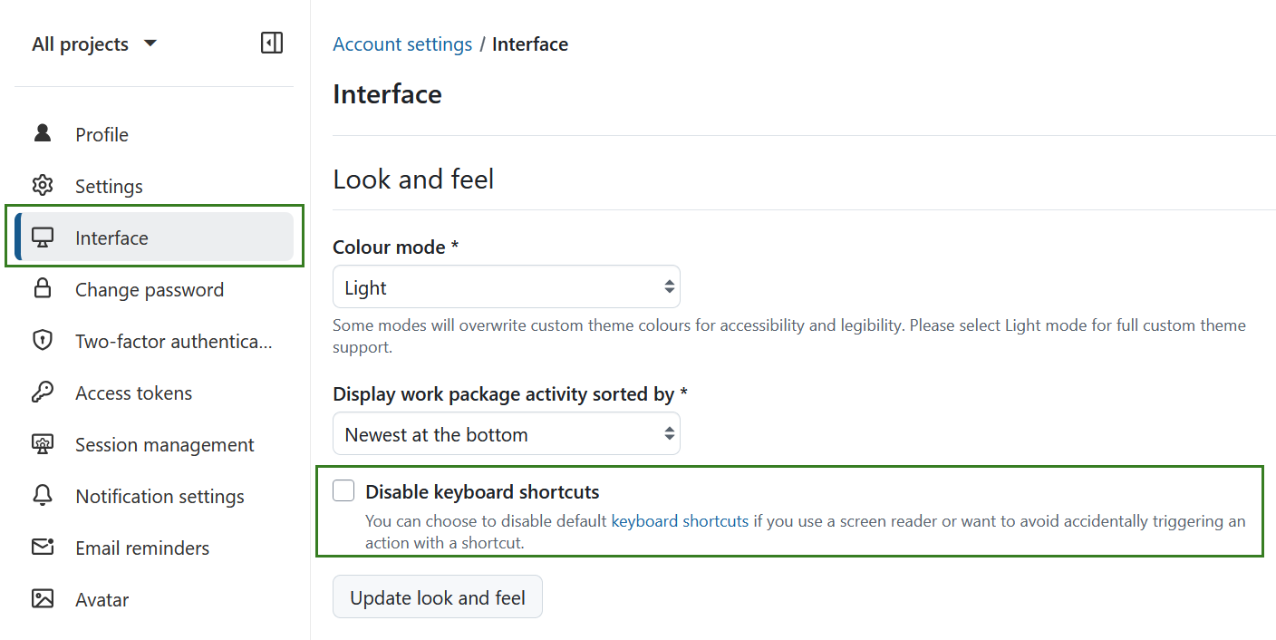 Definições de conta do OpenProject nas opções de interface, com a opção destacada para desativar os atalhos de teclado