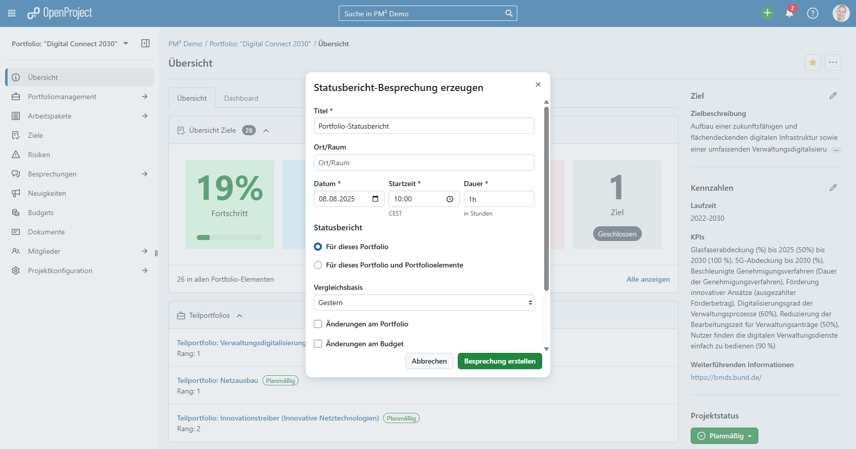 Screenshot: Portfolio dashboard with modal for creating a status report meeting. Includes baseline timeframe (e.g., last month) and toggles for changes to portfolio, budget, or milestones.