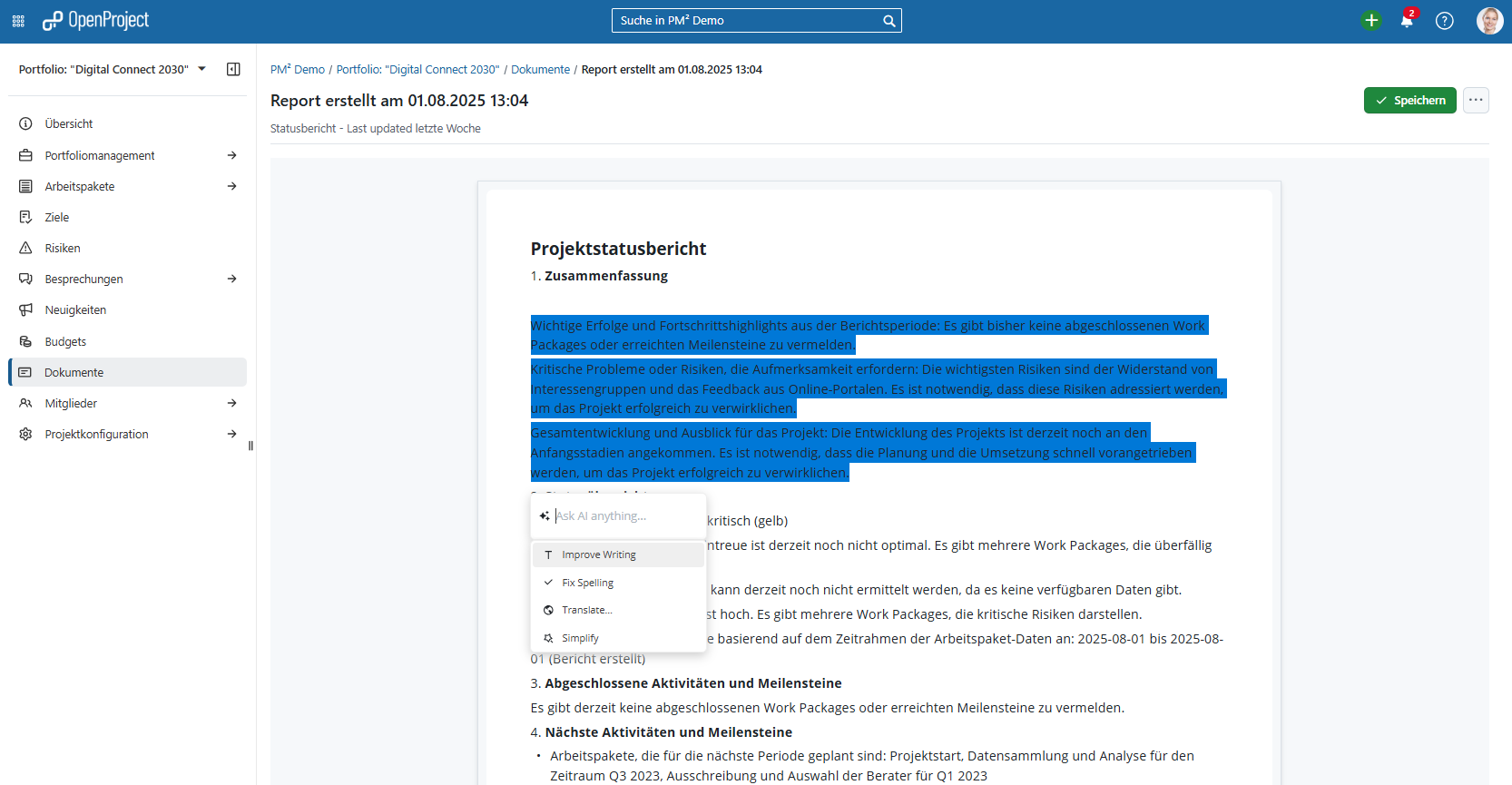 Screenshot: Documents module with highlighted text and the following options: Ask AI anything, Improve writing, Fix spelling, Translate…, Simplify.