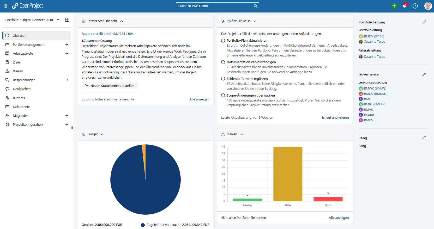 Screenshot: Portfolio overview page with new modules: “Latest status report” and “PMflex suggestions”, e.g., “Update portfolio plan” or “Complete documentation”