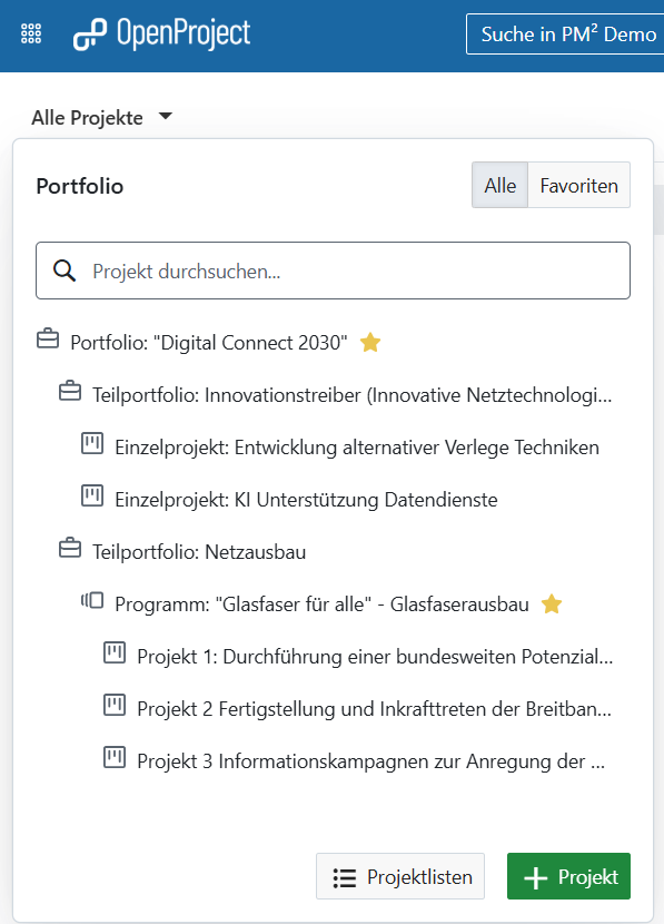 Screenshot: Favorited “Projects” dropdown showing a hierarchical list of portfolio, sub-portfolio, program, and projects