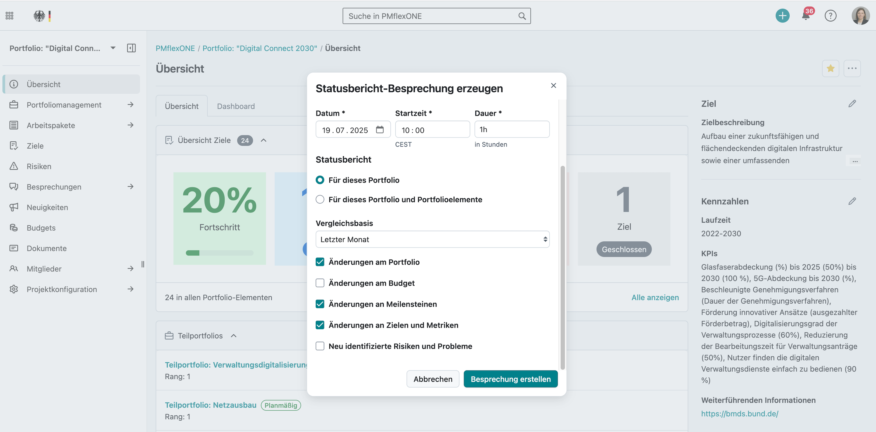 Screenshot PMflex.one: Portfolio dashboard with modal for creating a status report meeting. Includes baseline timeframe (e.g., last month) and toggles for changes to portfolio, budget, or milestones.